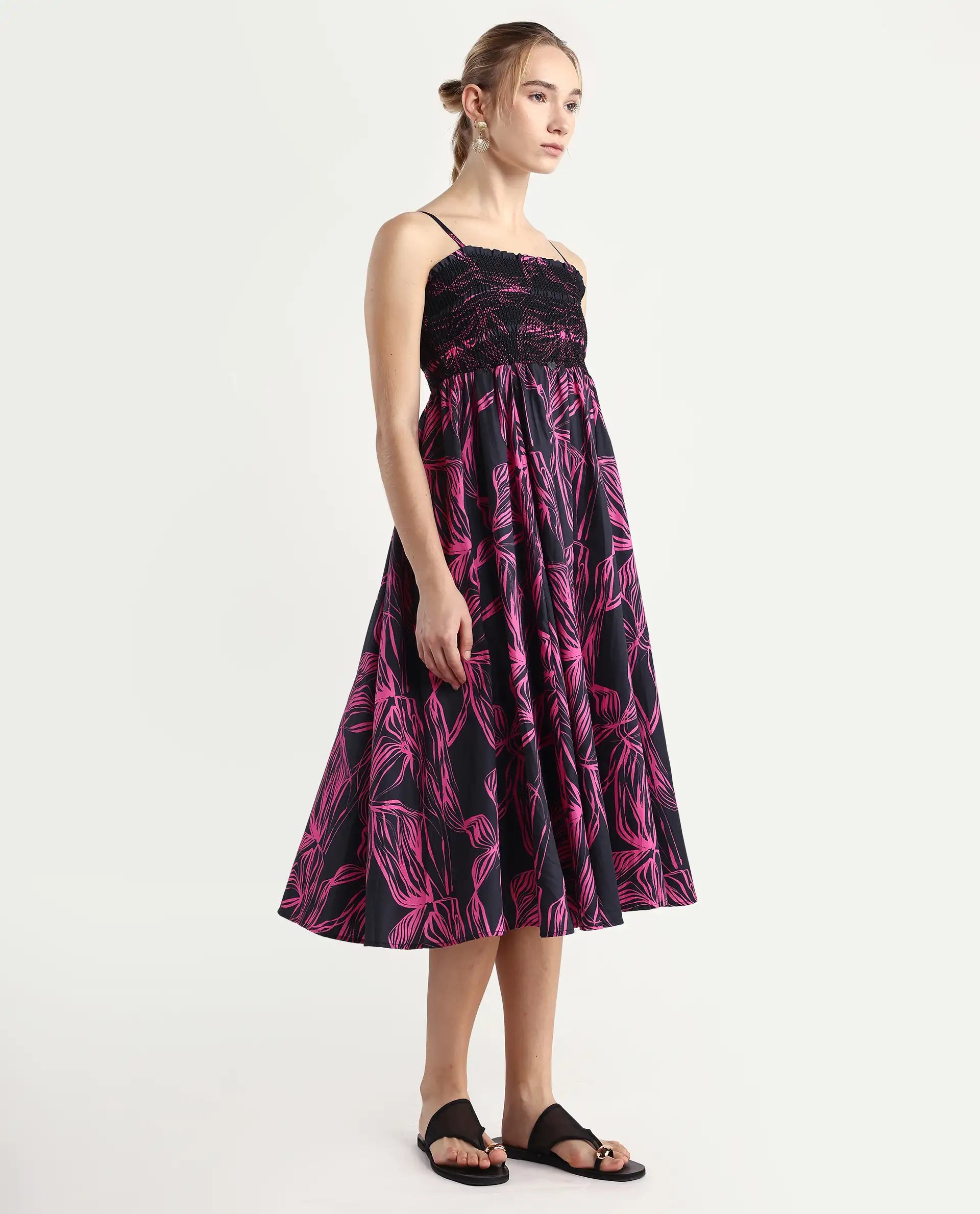 Rareism Women's Utjola Black Cotton Tube Neck Abstract Print Sleeveless Midi Fit And Flare Dress