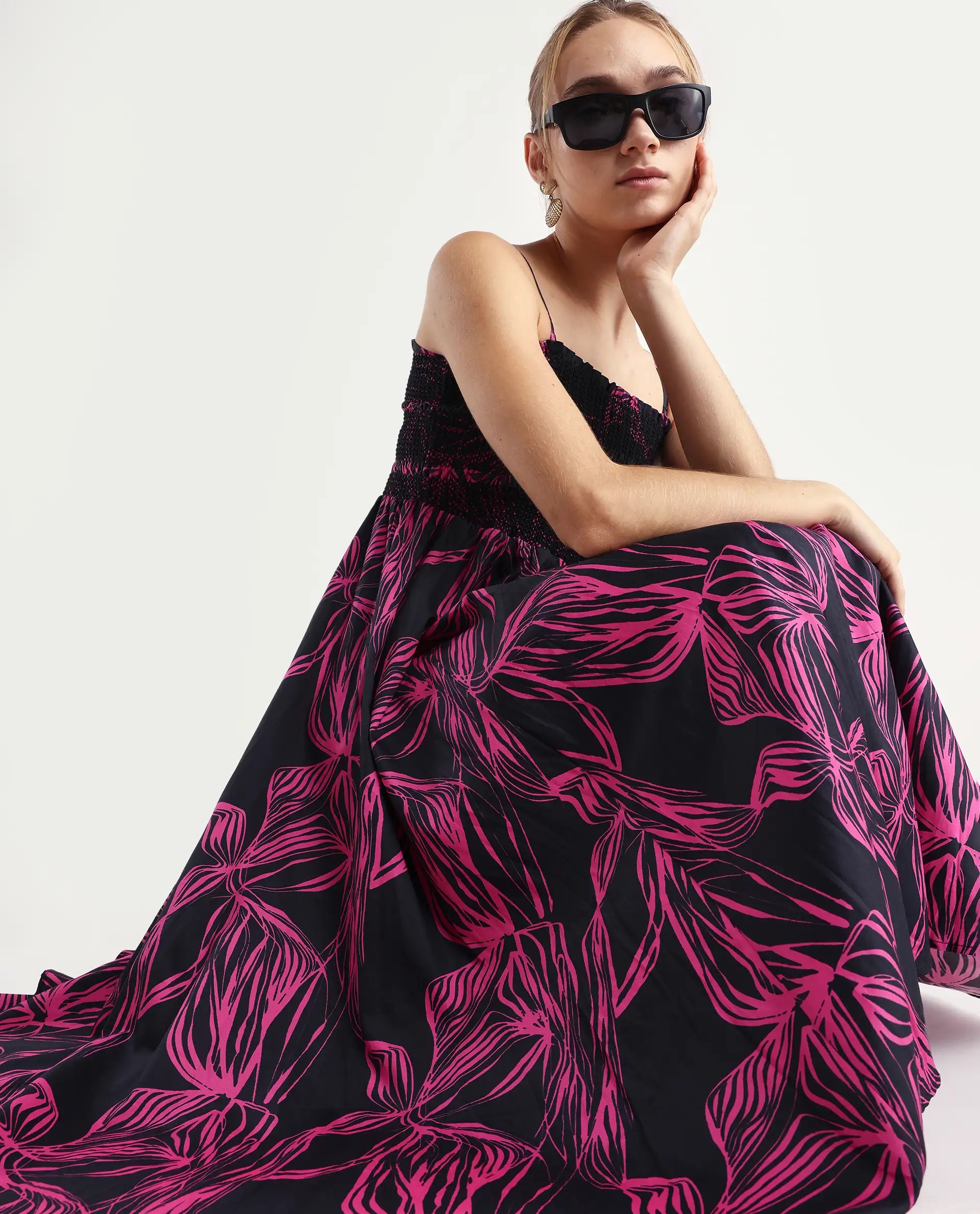 Rareism Women's Utjola Black Cotton Tube Neck Abstract Print Sleeveless Midi Fit And Flare Dress