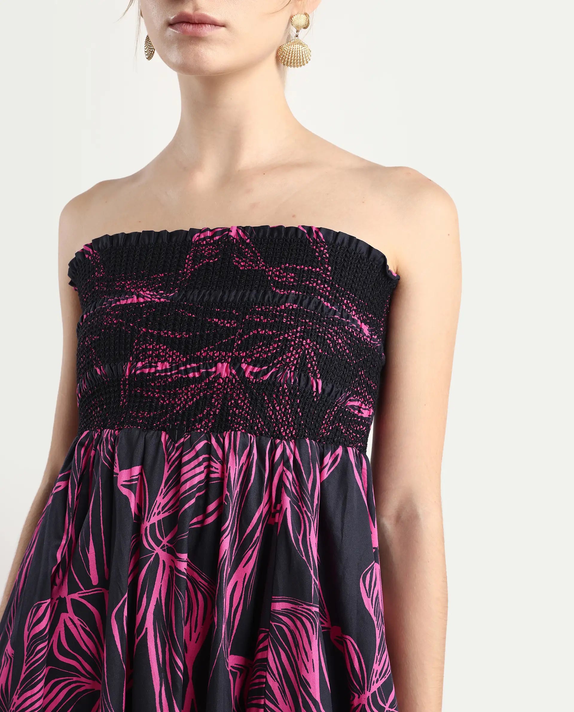 Rareism Women's Utjola Black Cotton Tube Neck Abstract Print Sleeveless Midi Fit And Flare Dress