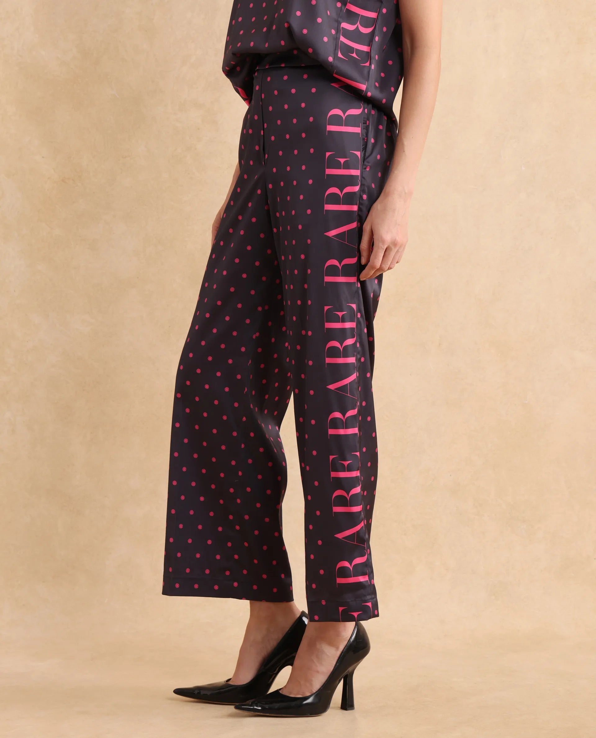 Rareism Women Utkco-B Dark Grey Polyester Fabric Tie Up Closure Straight Fit Ankle Length Polka Print Trouser