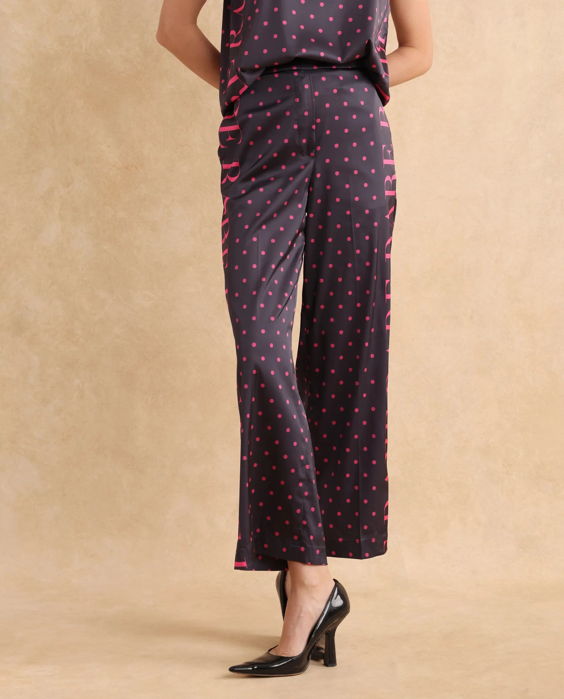 Rareism Women Utkco-B Dark Grey Polyester Fabric Tie Up Closure Straight Fit Ankle Length Polka Print Trouser