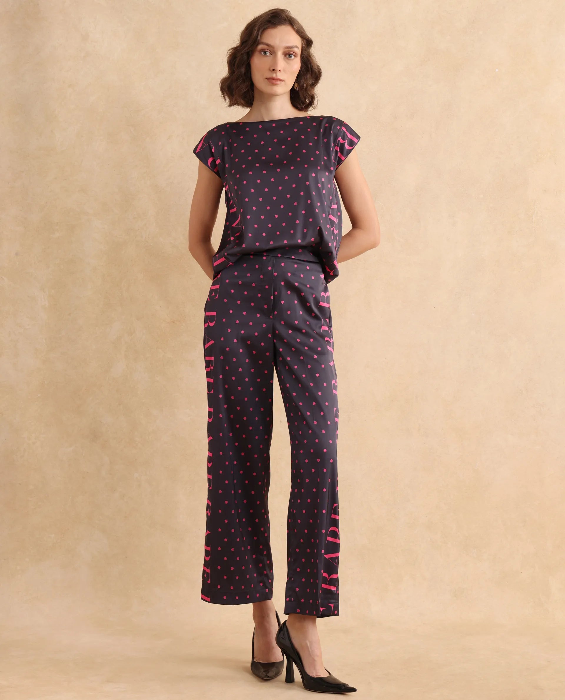 Rareism Women Utkco-B Dark Grey Polyester Fabric Tie Up Closure Straight Fit Ankle Length Polka Print Trouser