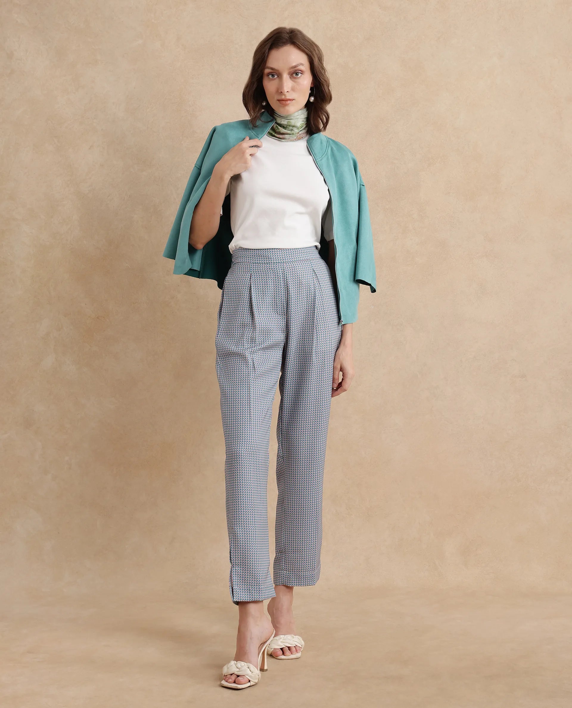 Rareism Women Utkil-B Multi Polyester Fabric Button Closure Straight Fit Ankle Length Houndstooth Trouser