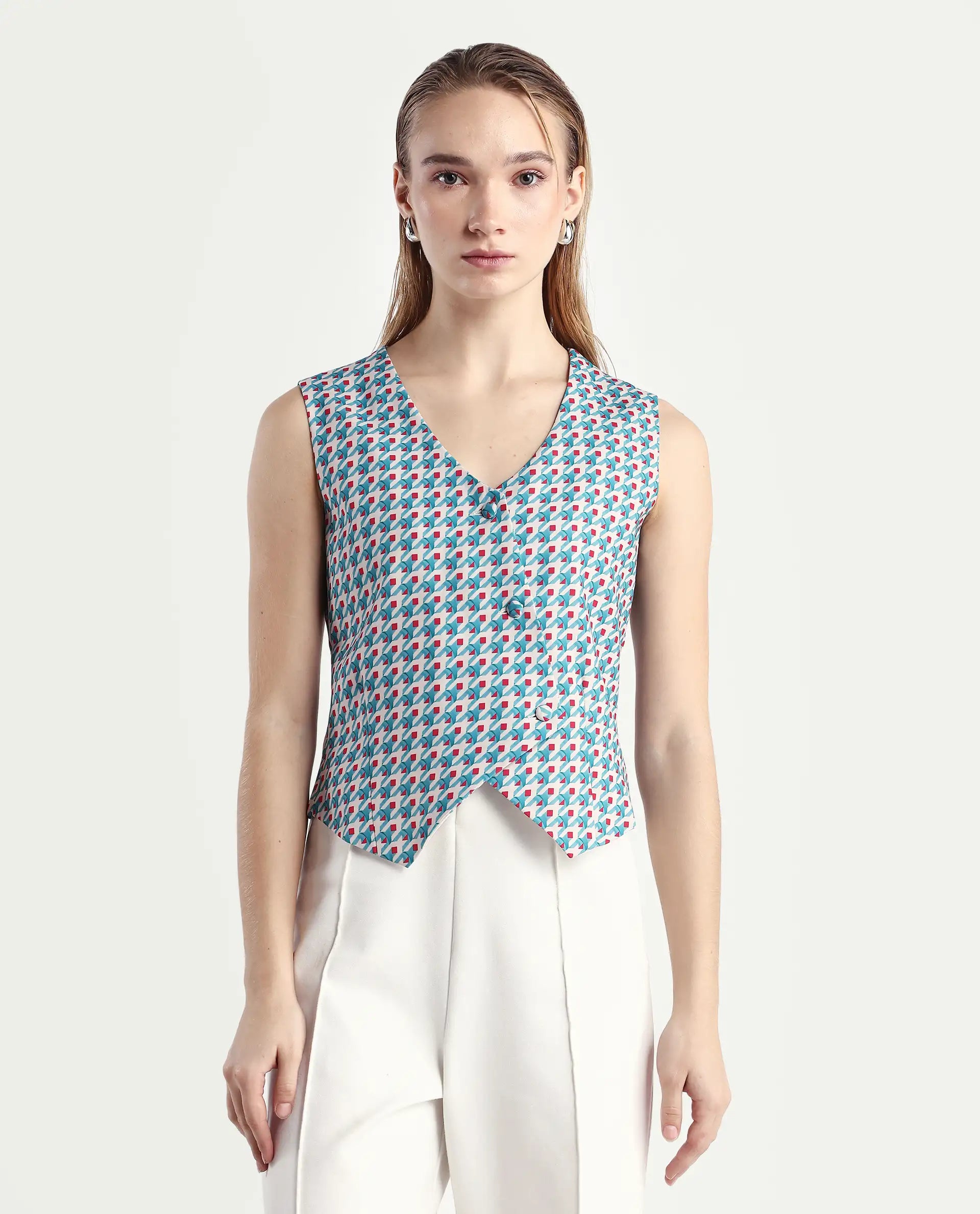 Rareism Women's Utkil Multi Polyester V-Neck Houndstooth Print Sleeveless Crop Regular Fit Top