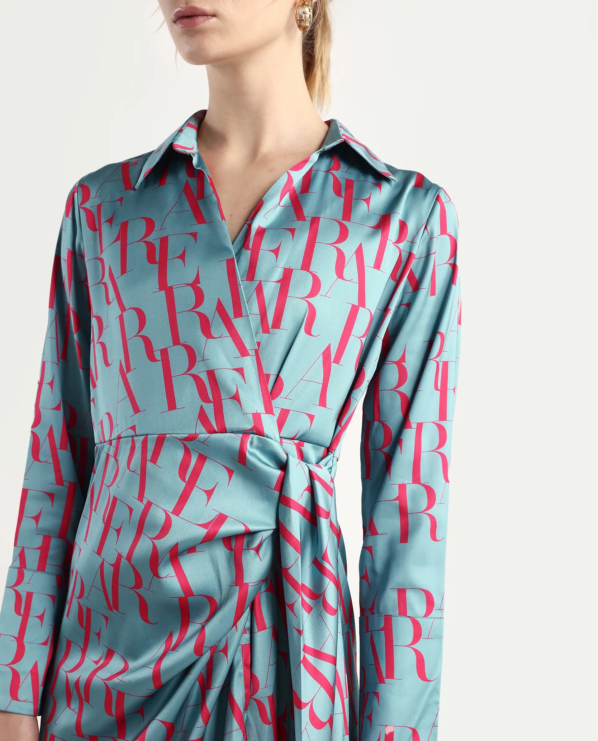 Rareism Women's Utklala Green Polyester Overlap Neck Monogram Print Cuffed Sleeve Mini Wrap Dress