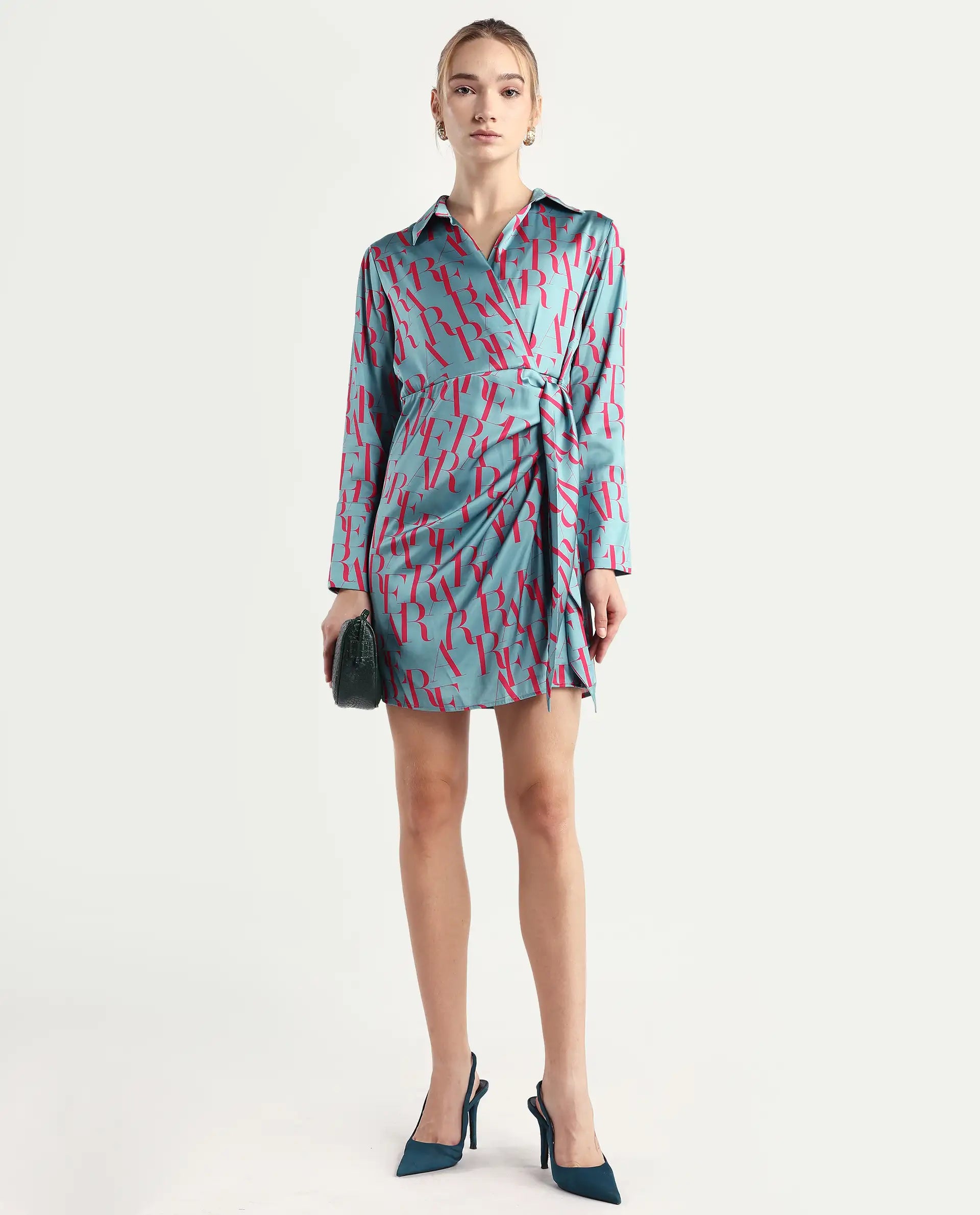 Rareism Women's Utklala Green Polyester Overlap Neck Monogram Print Cuffed Sleeve Mini Wrap Dress