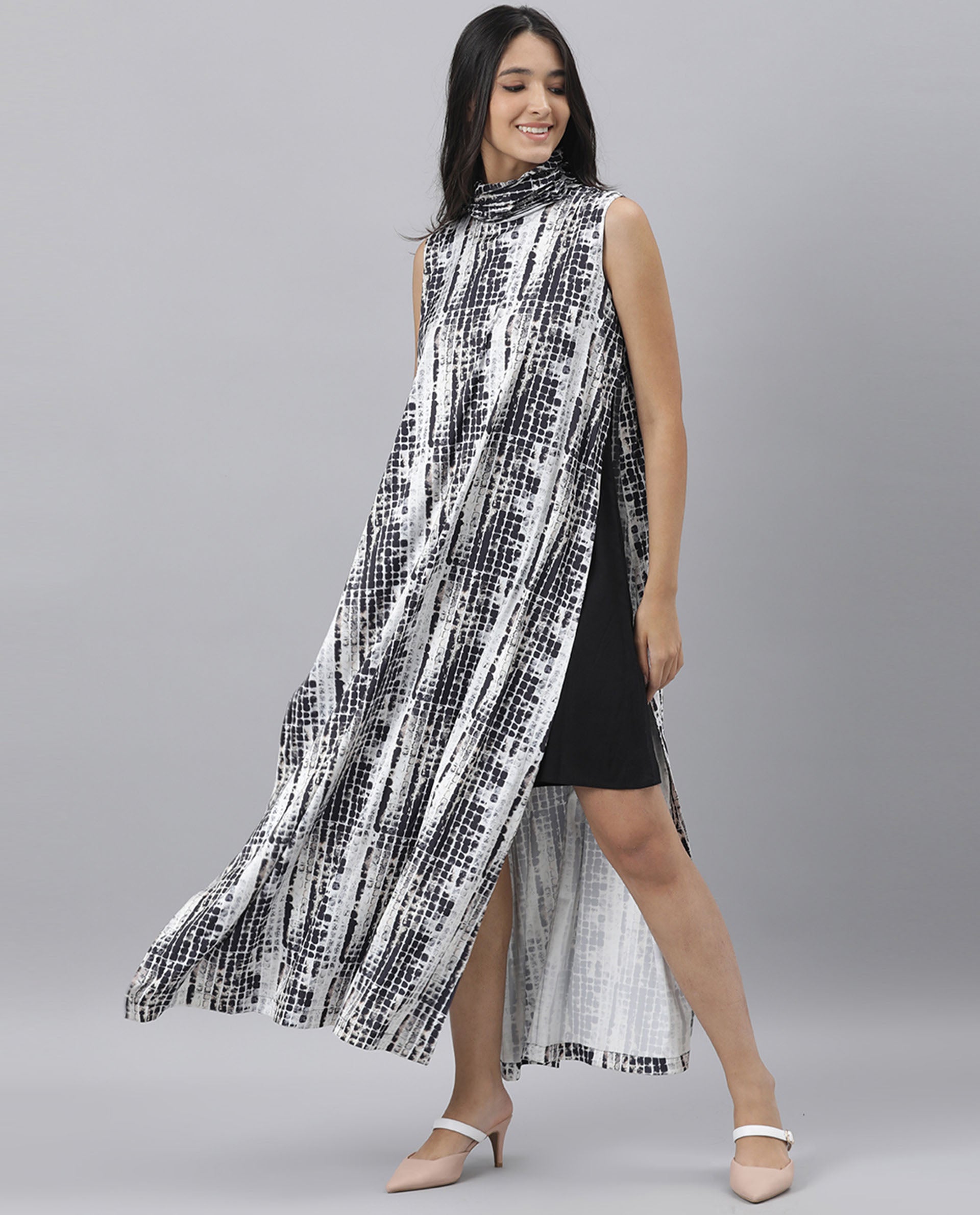 Rareism Women Pash Black Abstract Print High Neck Ruffled Collar Sleeveless With Full Side Slit Maxi Dress