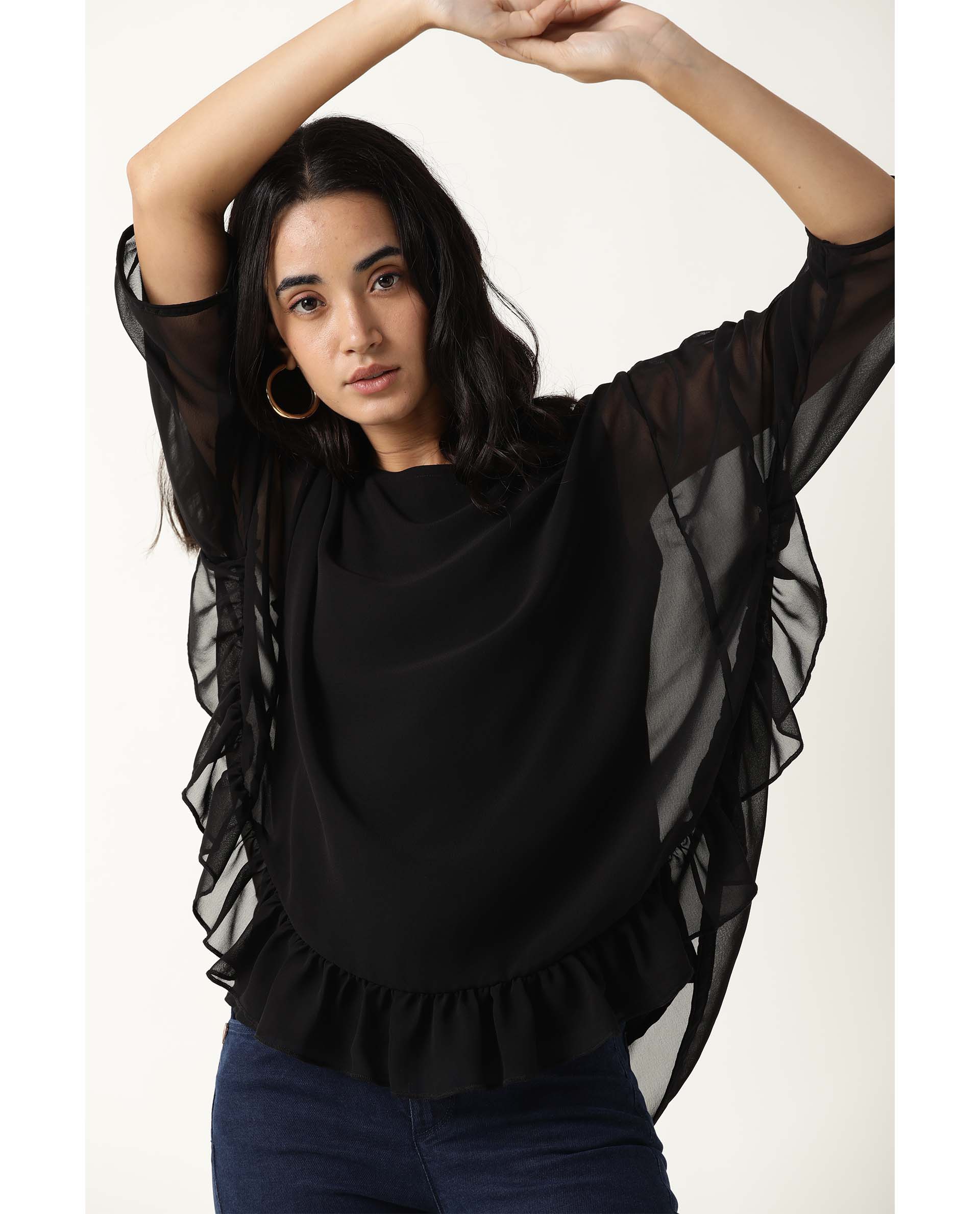 Rareism Women Hold Black Polyester Fabric Relaxed Fit Round Neck Full Sleeves Solid Top