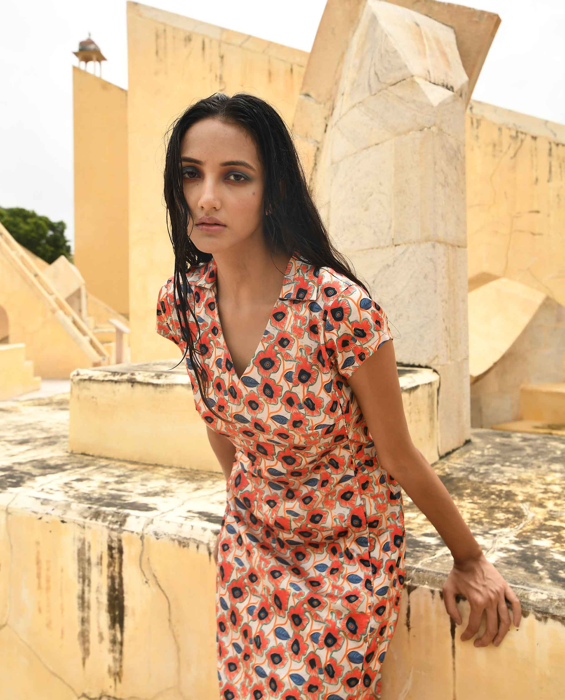 Rareism Women Orleans Beige Shirt Collar Cap Sleeves Mini Dress