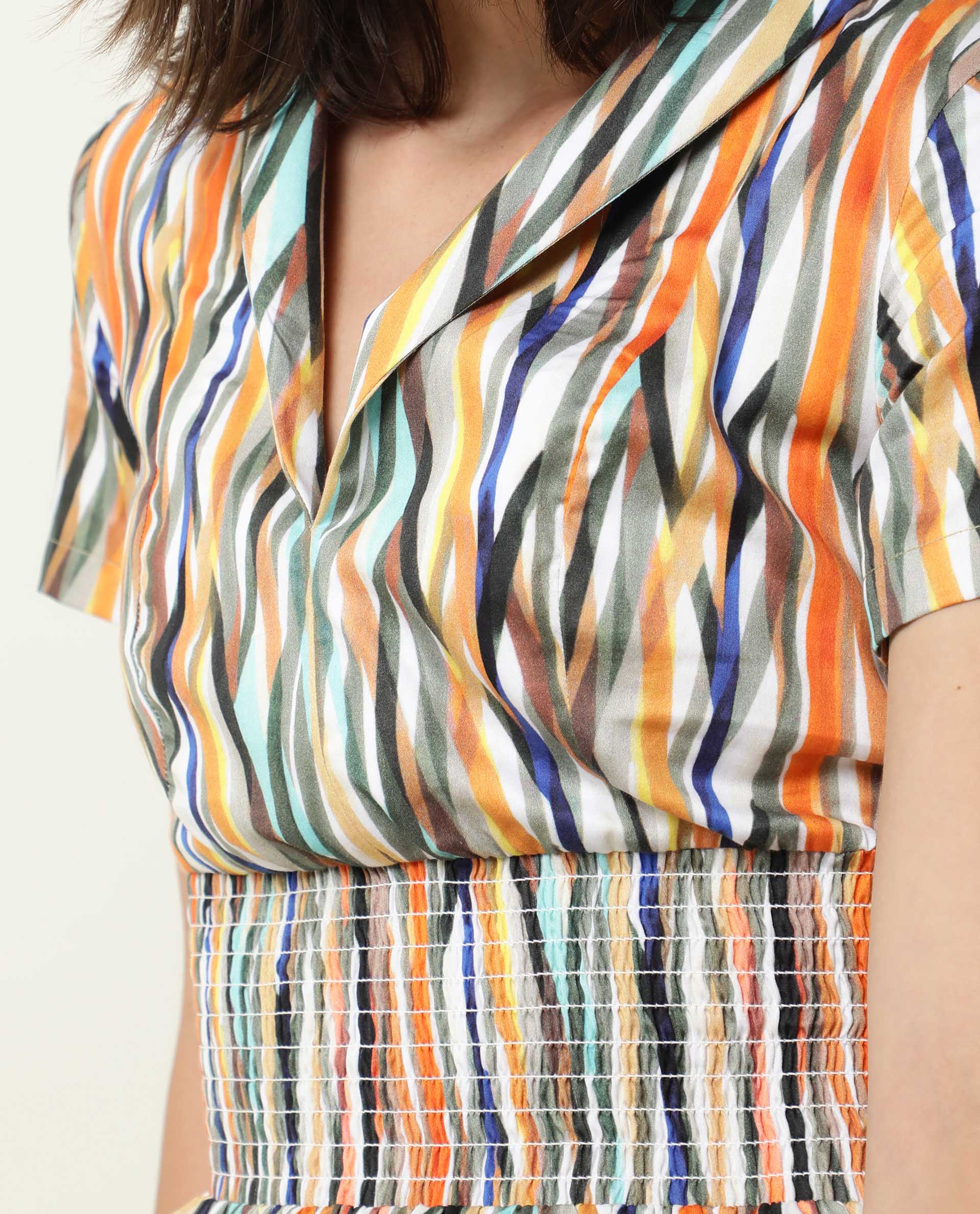 Rareism Women Shallom Multi Abstract V Neck Overlap Collar Short Sleeves Elastic Waist Band Mini Dress