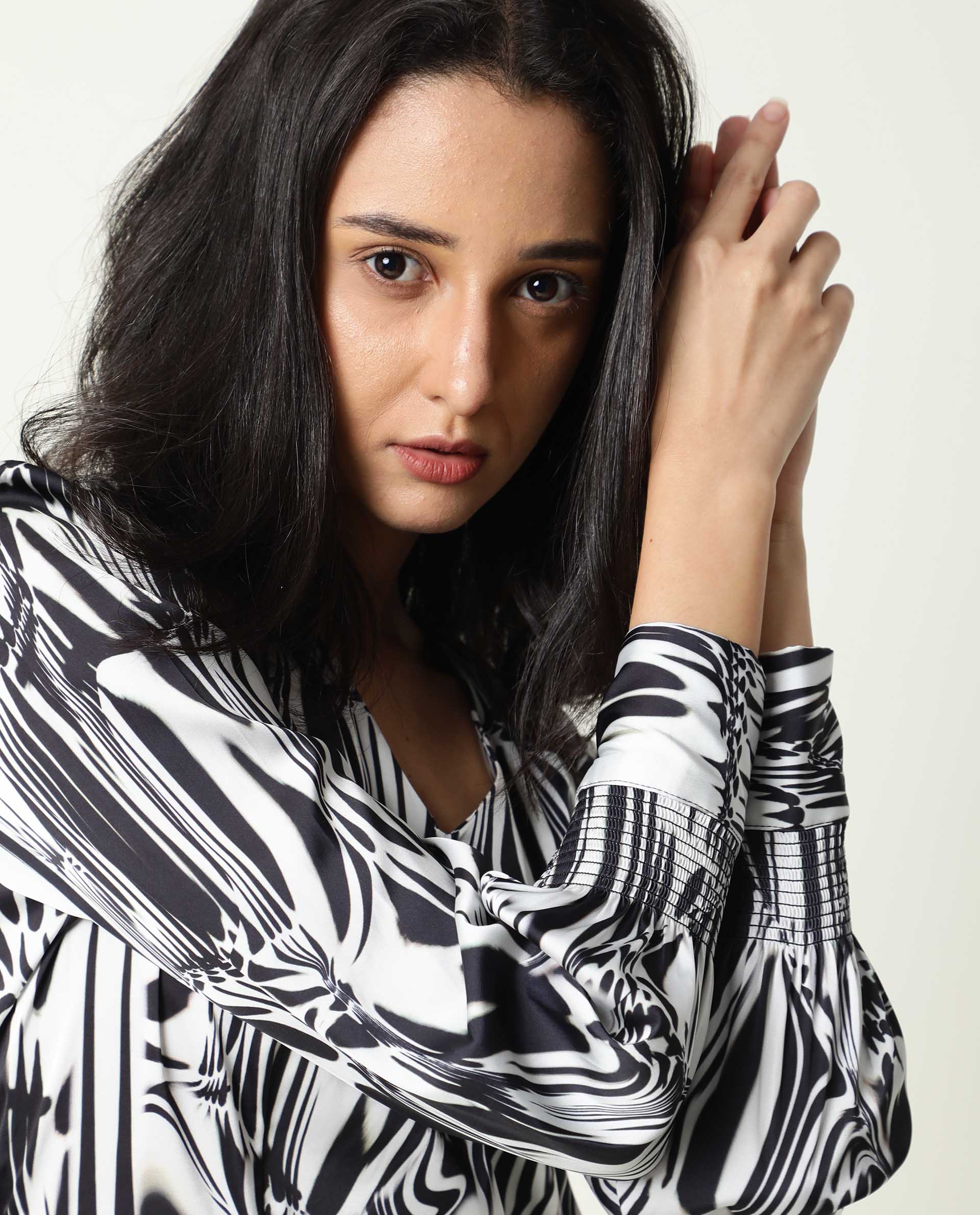 Rareism Women Fold Black Abstract Print Band Collar 3/4 Sleeves With Cuff Mini Dress