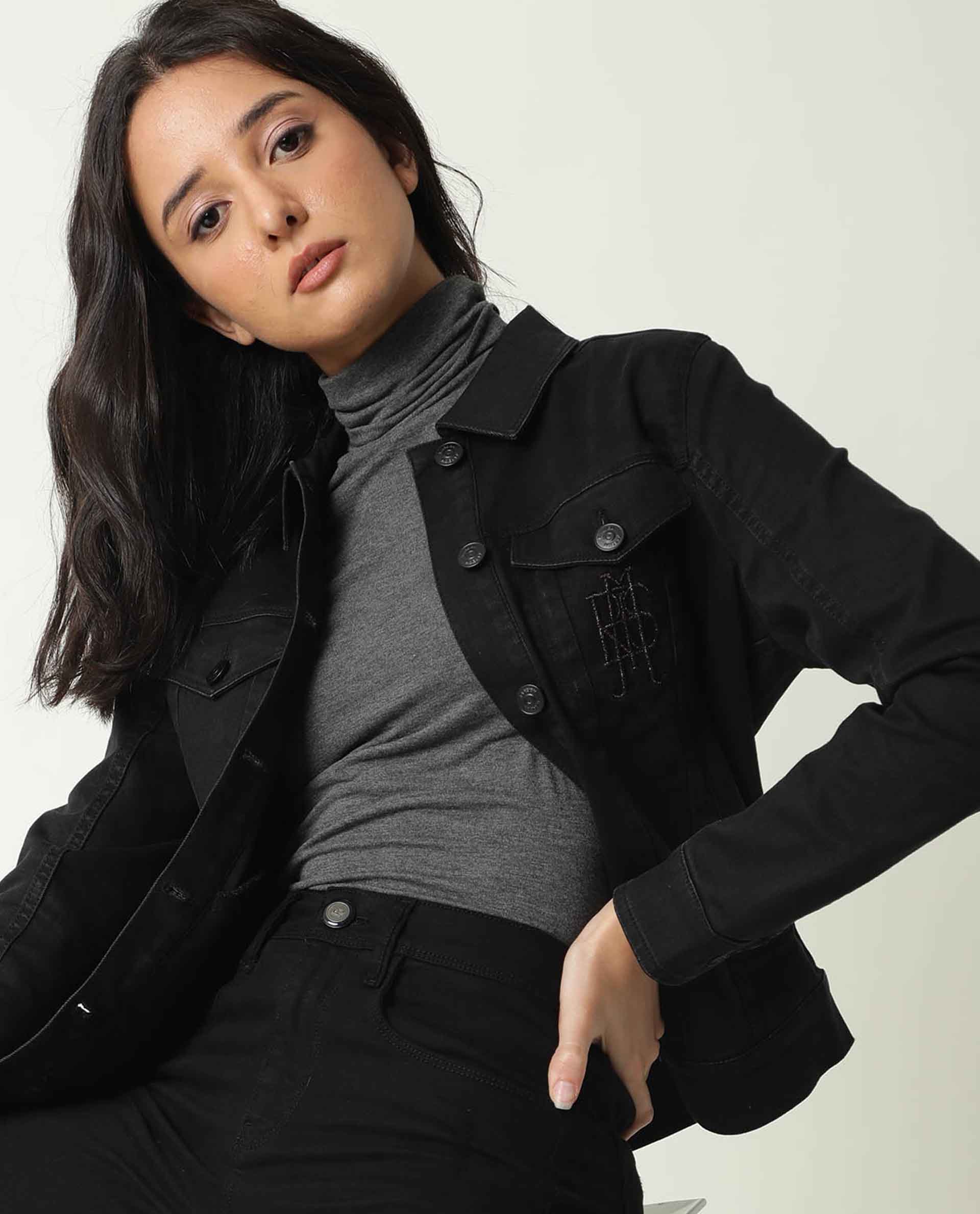Rareism Women Misso Black Cotton Lycra Fabric Full Sleeves Solid Shirt Collar Jacket