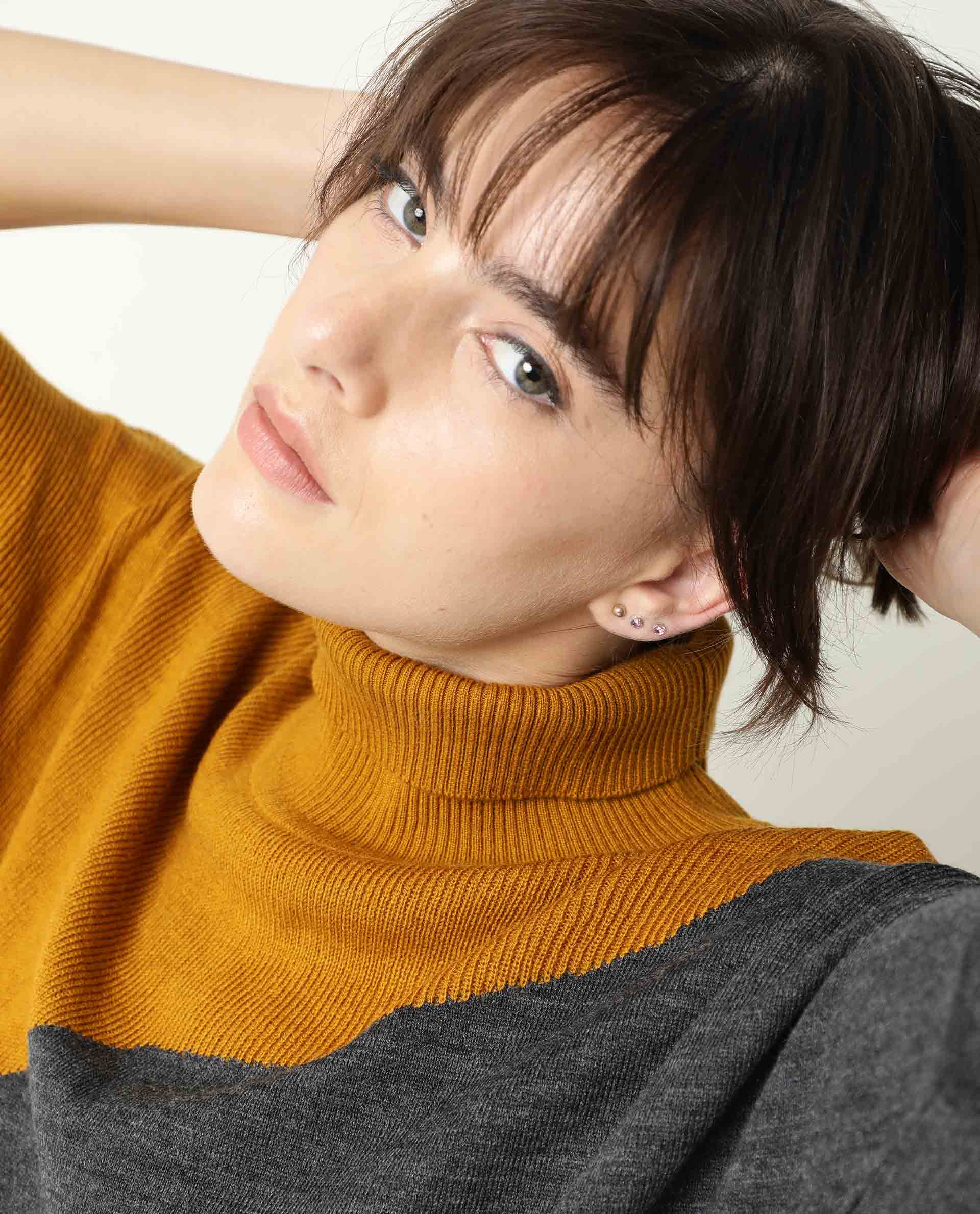 Rareism Women Spaton Grey Acrylic Fabric Full Sleeves Knee Length Regular Fit Color Blocked High Neck Sweater