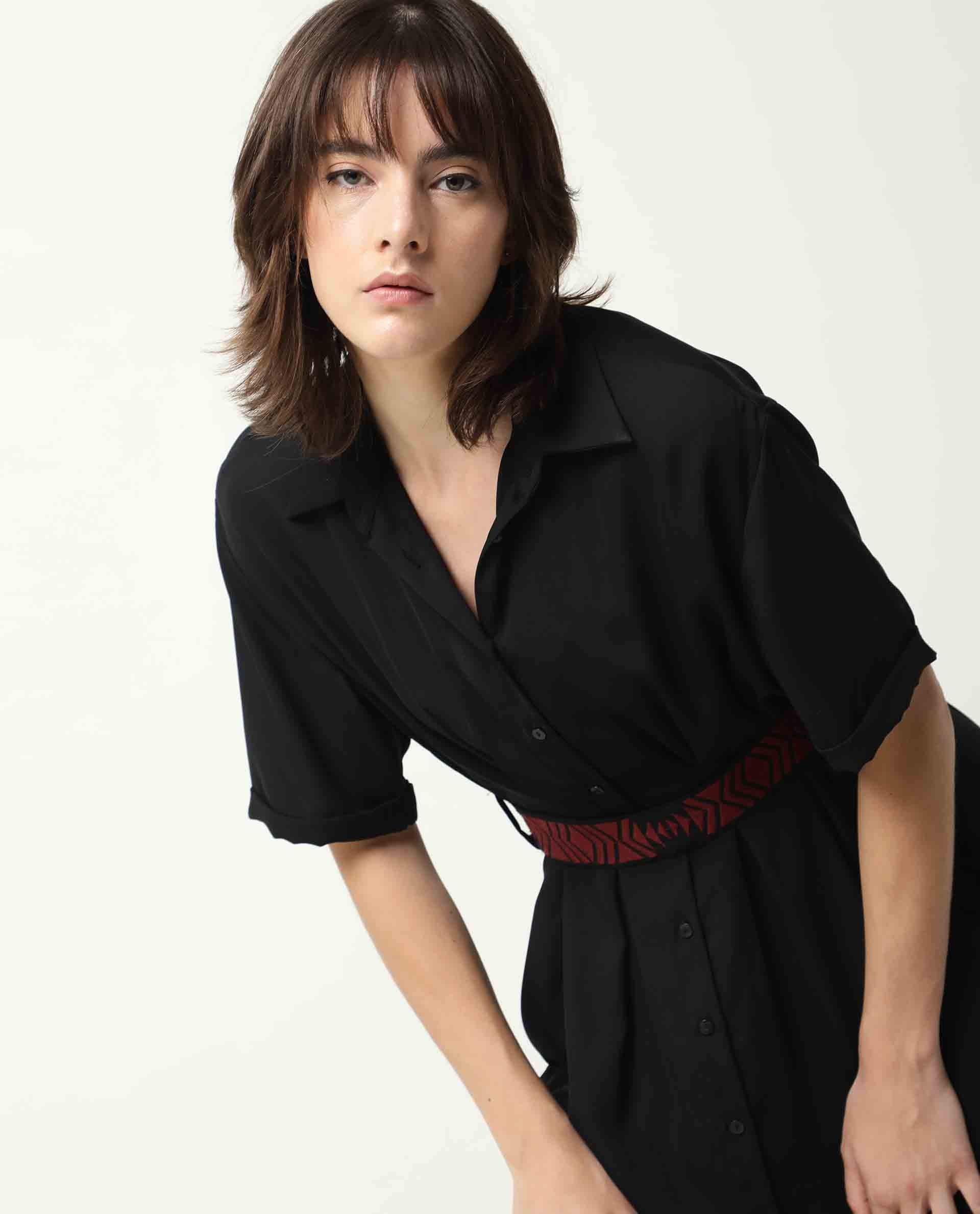 Rareism Women Shroff Black Shirt Collar Short Sleeves Front Full Button Placket With Pockets Midi Dress
