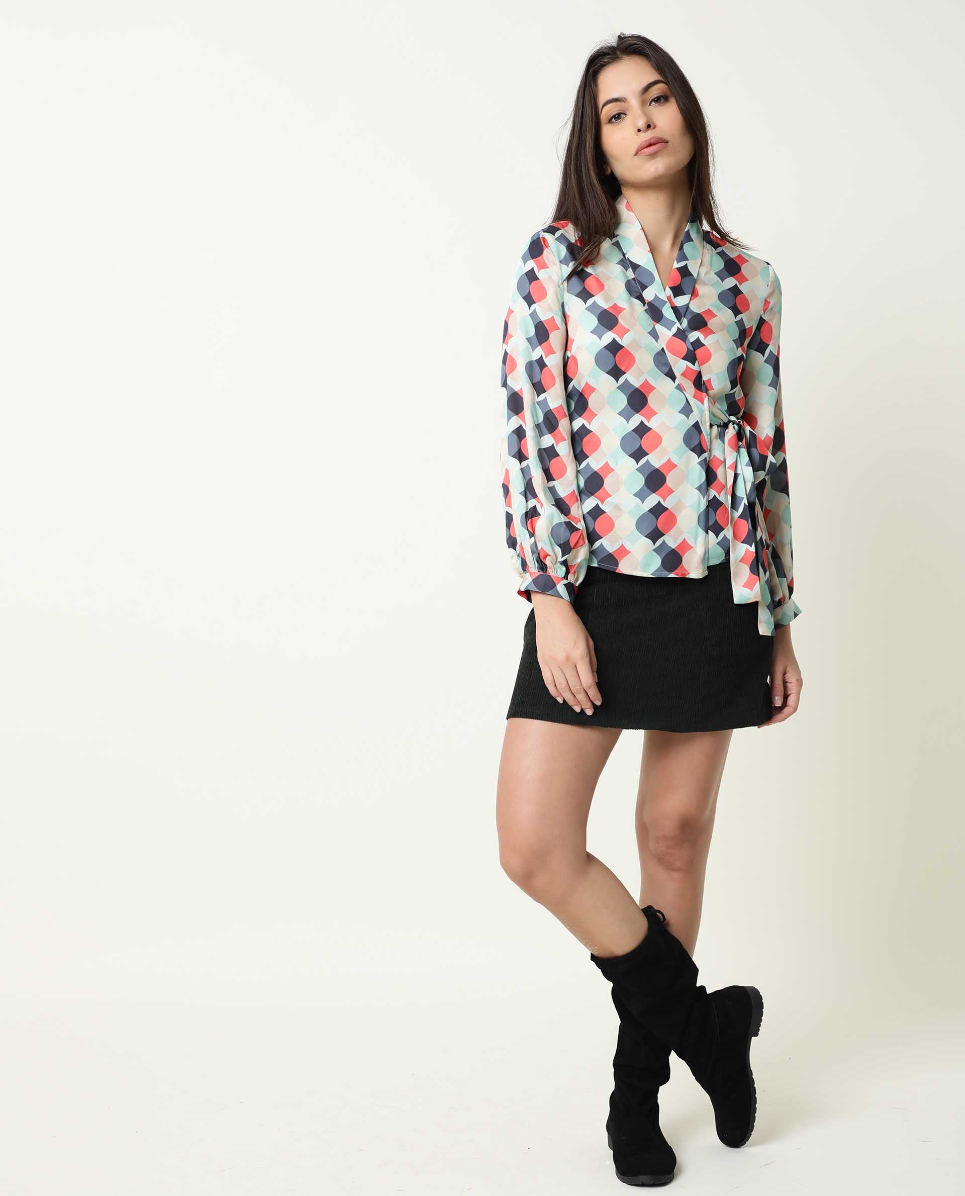 Rareism Womens Golf Multi Top Modal Satin Fabric Full Sleeve V Neck