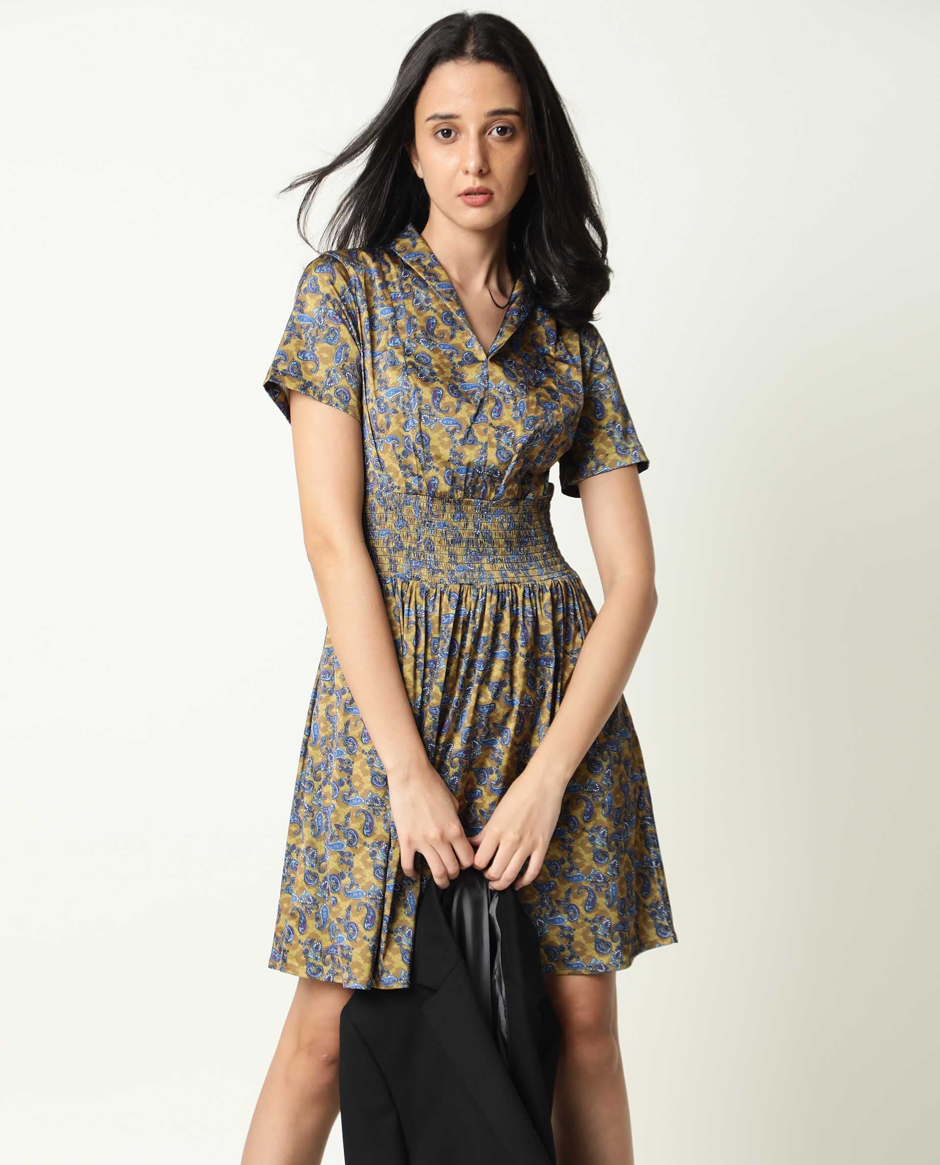 Rareism Women Joss Light Olive Paisley Print Overlap Lapel Collar Short Sleeves Smocked Elastic Waist Mini Dress