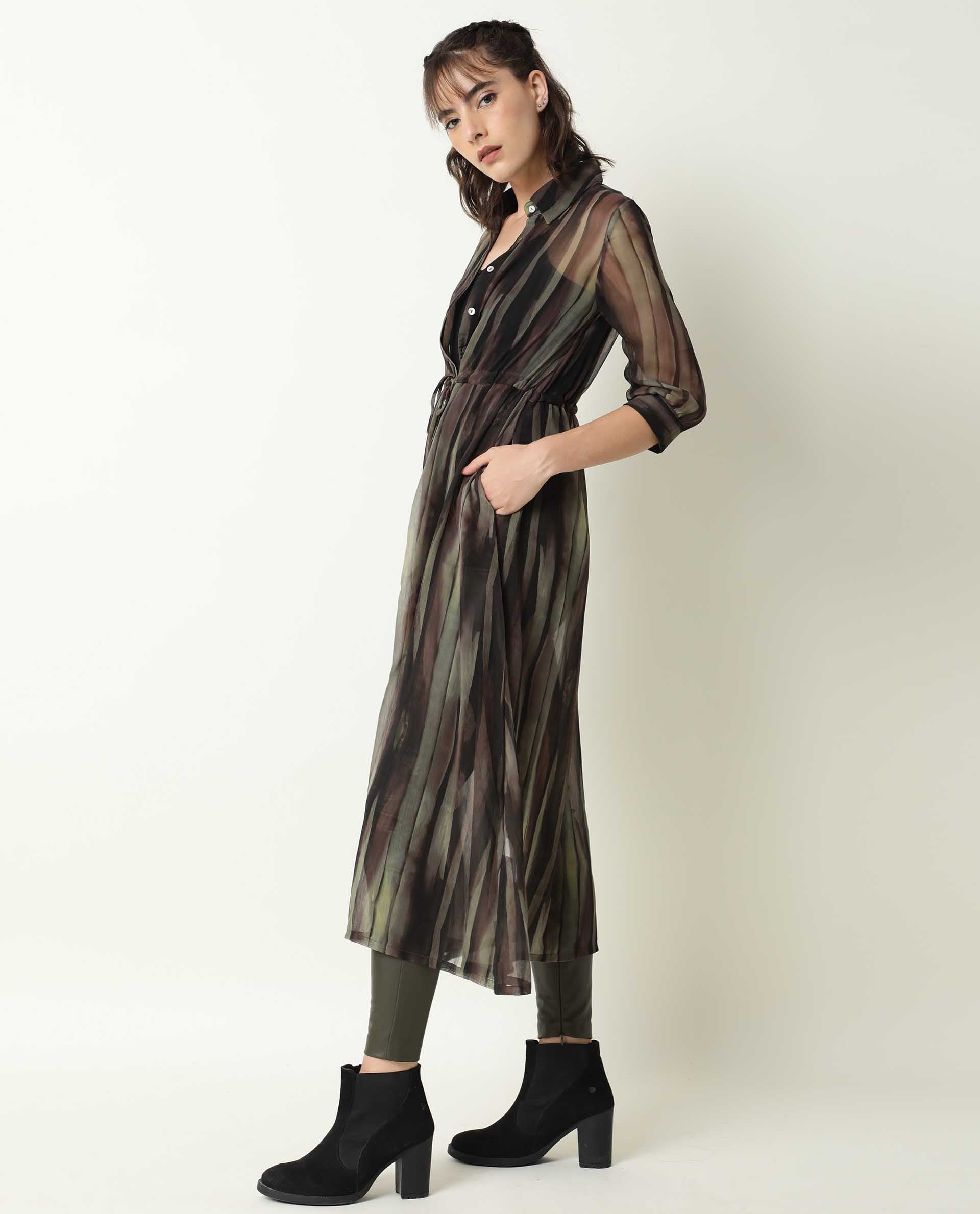 Rareism Women Klepto Green Striped Shirt Collar Half Sleeves With Front Full Button Closure Placket And Pocket Midi Dress