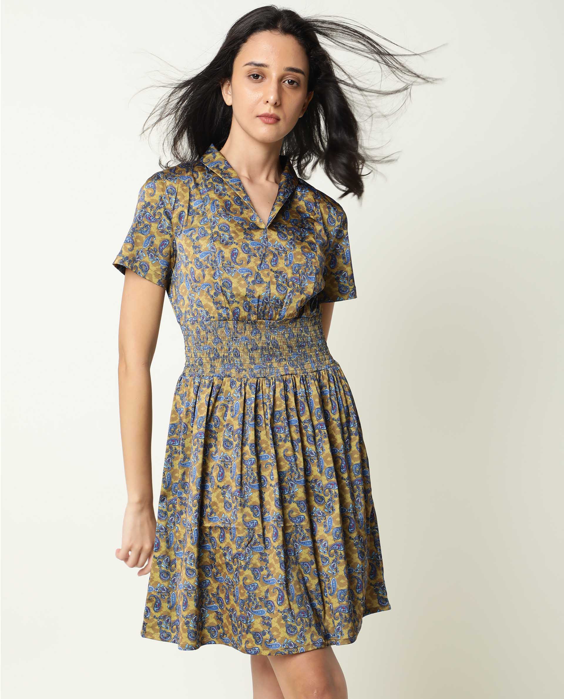 Rareism Women Joss Light Olive Paisley Print Overlap Lapel Collar Short Sleeves Smocked Elastic Waist Mini Dress