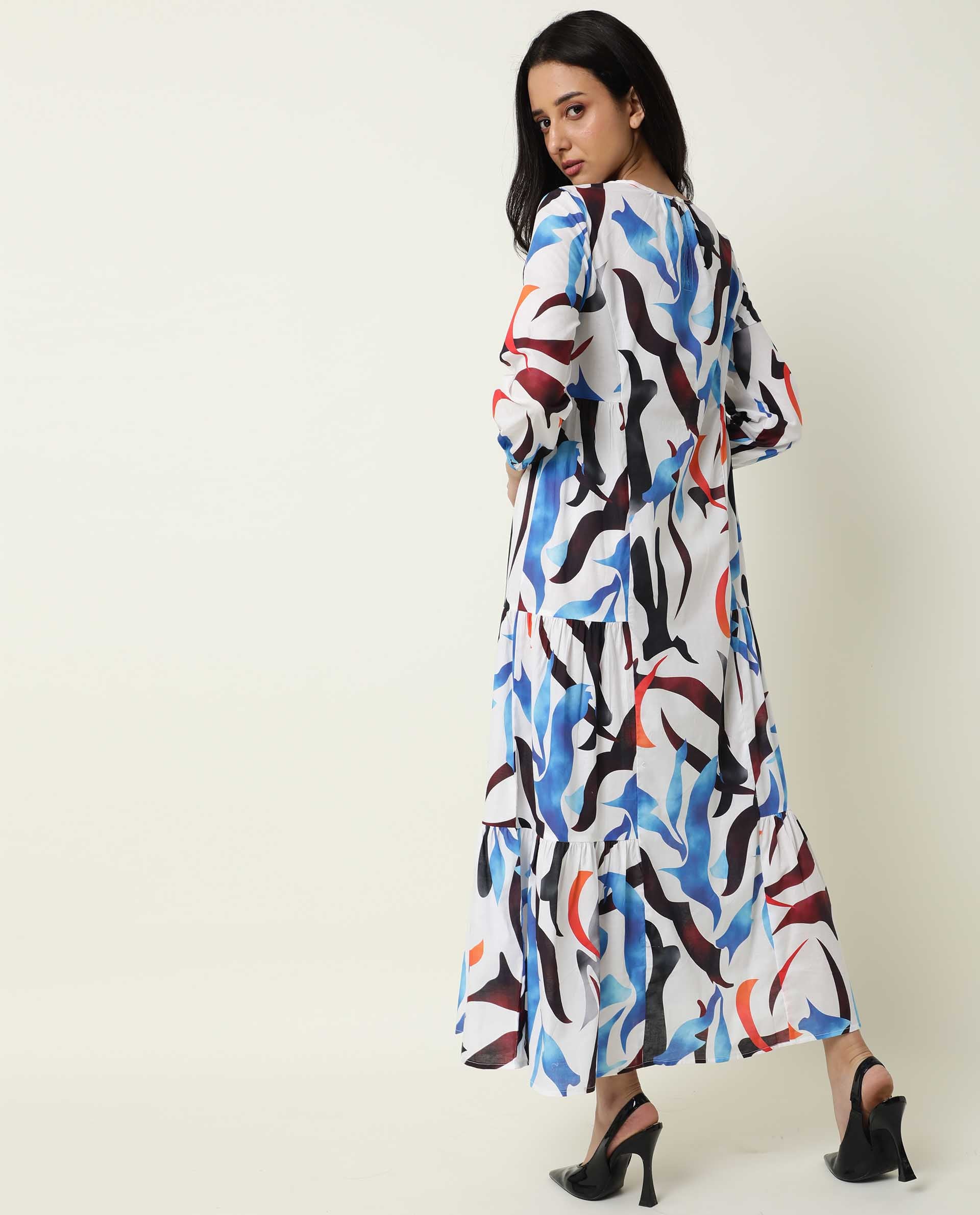 Rareism Women Europe White Abstract Boat Neck 3/4 Sleeves Tiered Maxi Dress