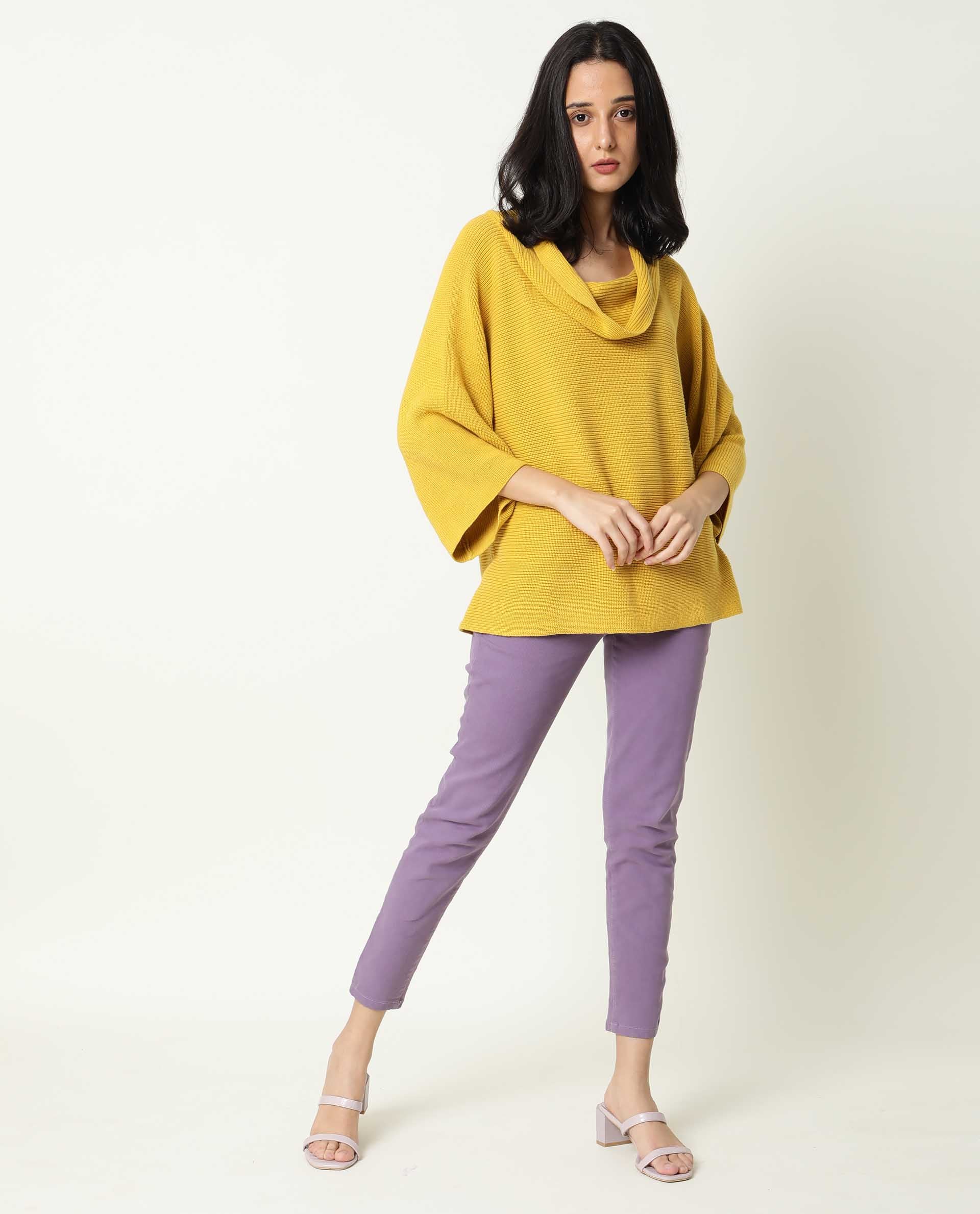 Rareism Women Cleo Mustard 3/4Th Sleeves Relaxed Fit Solid Cowl Neck Sweater