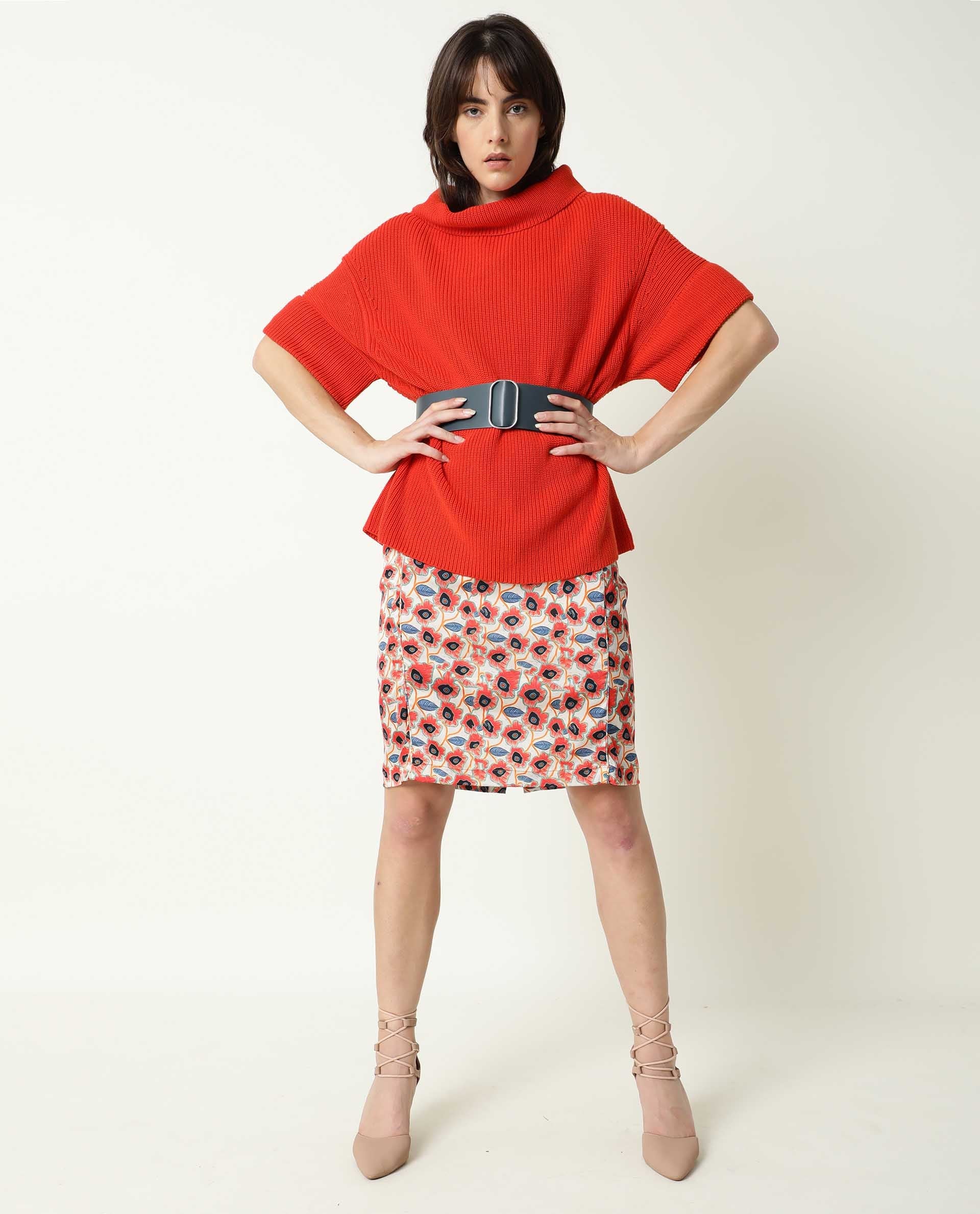 Rareism Women Daffy Orange Cotton Fabric Half Sleeves Relaxed Fit Solid Cowl Neck Sweater