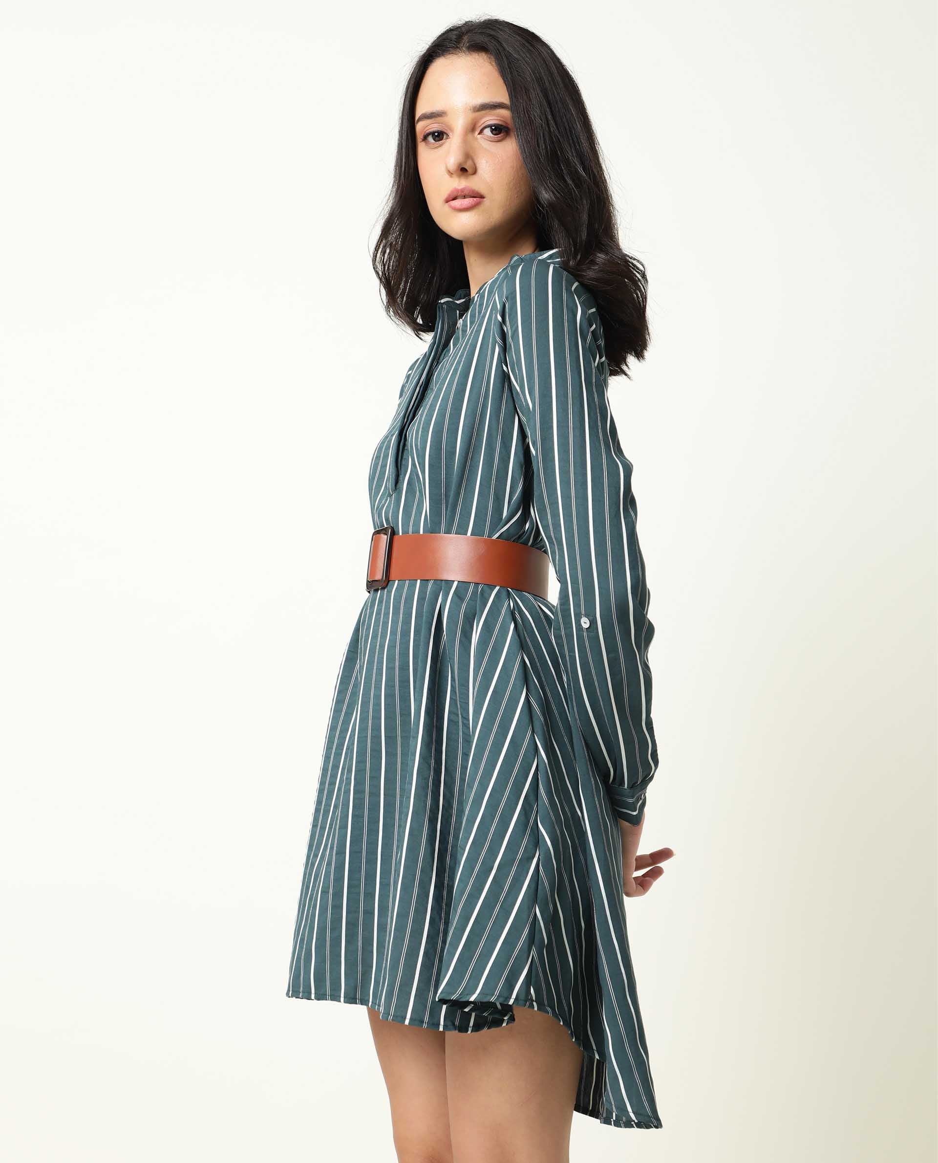 Rareism Womens Maltisse Green Dress Viscose Nylone Fabric Relaxed Fit Full Sleeve Collared Neck