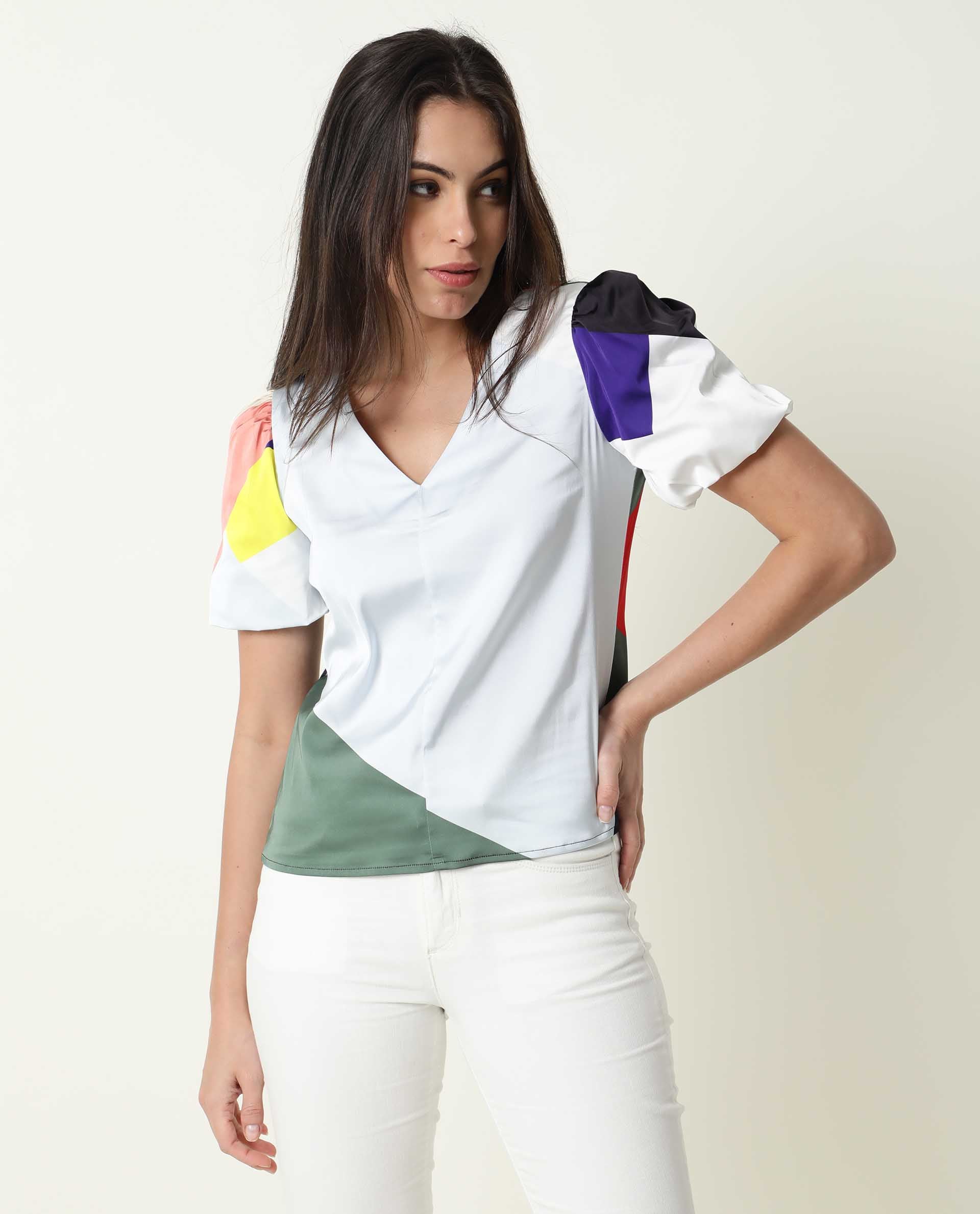 Rareism Women Valve Multi Modal Fabric Relaxed Fit Cropped V-Neck Half Sleeves Abstract Print Top