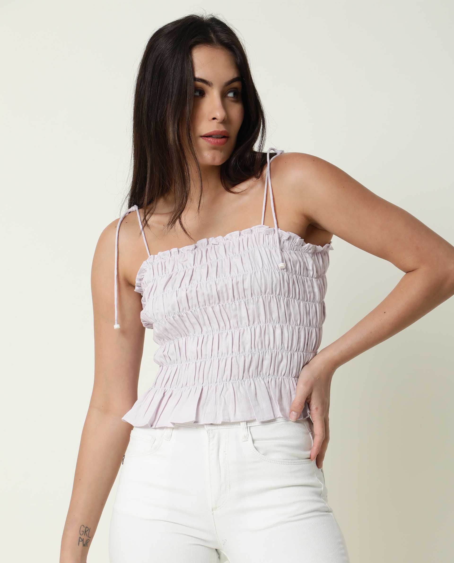 Rareism Womens Mappy Lilac Top Cotton Linen Fabric Sleeveless Square Neck