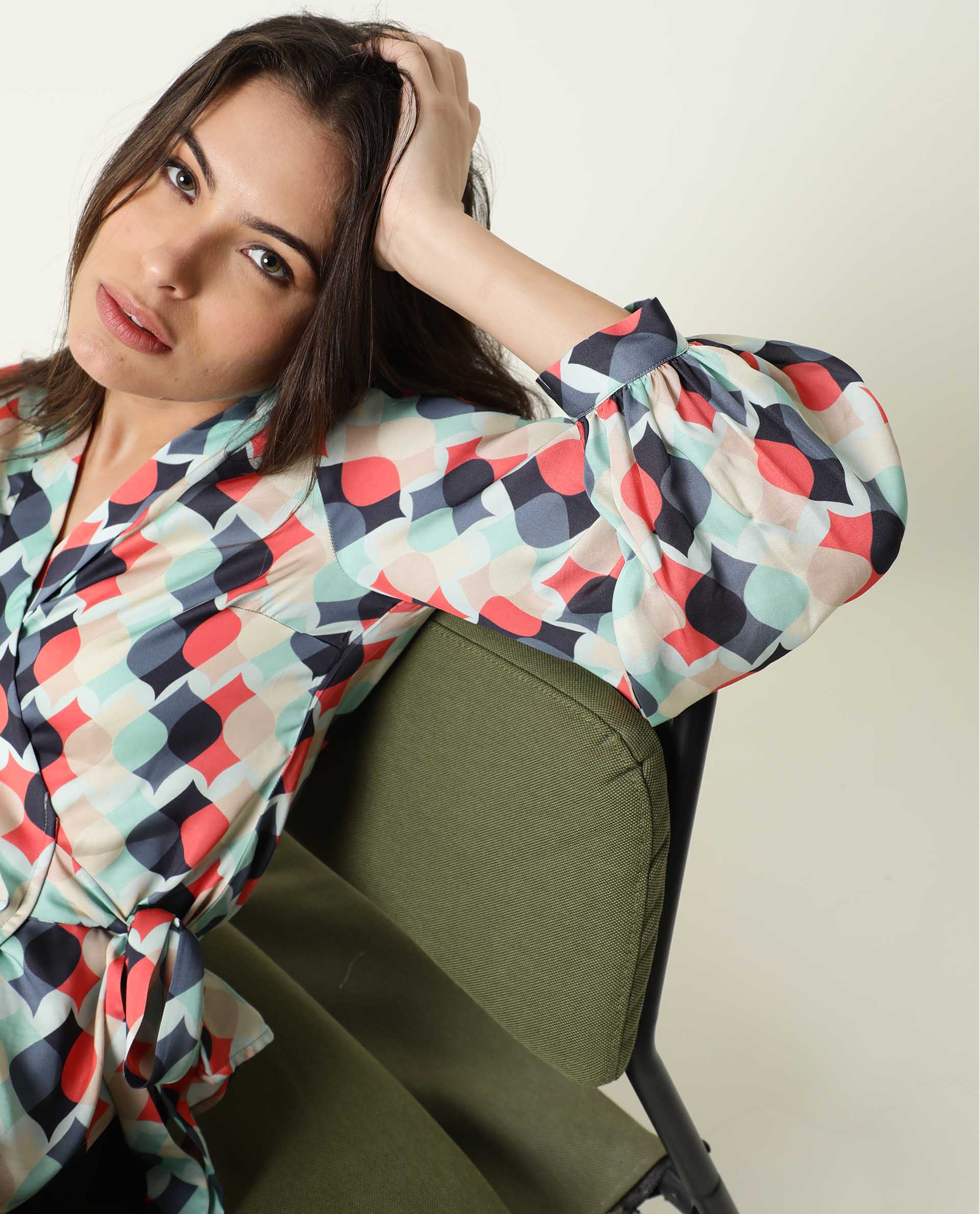 Rareism Womens Golf Multi Top Modal Satin Fabric Full Sleeve V Neck