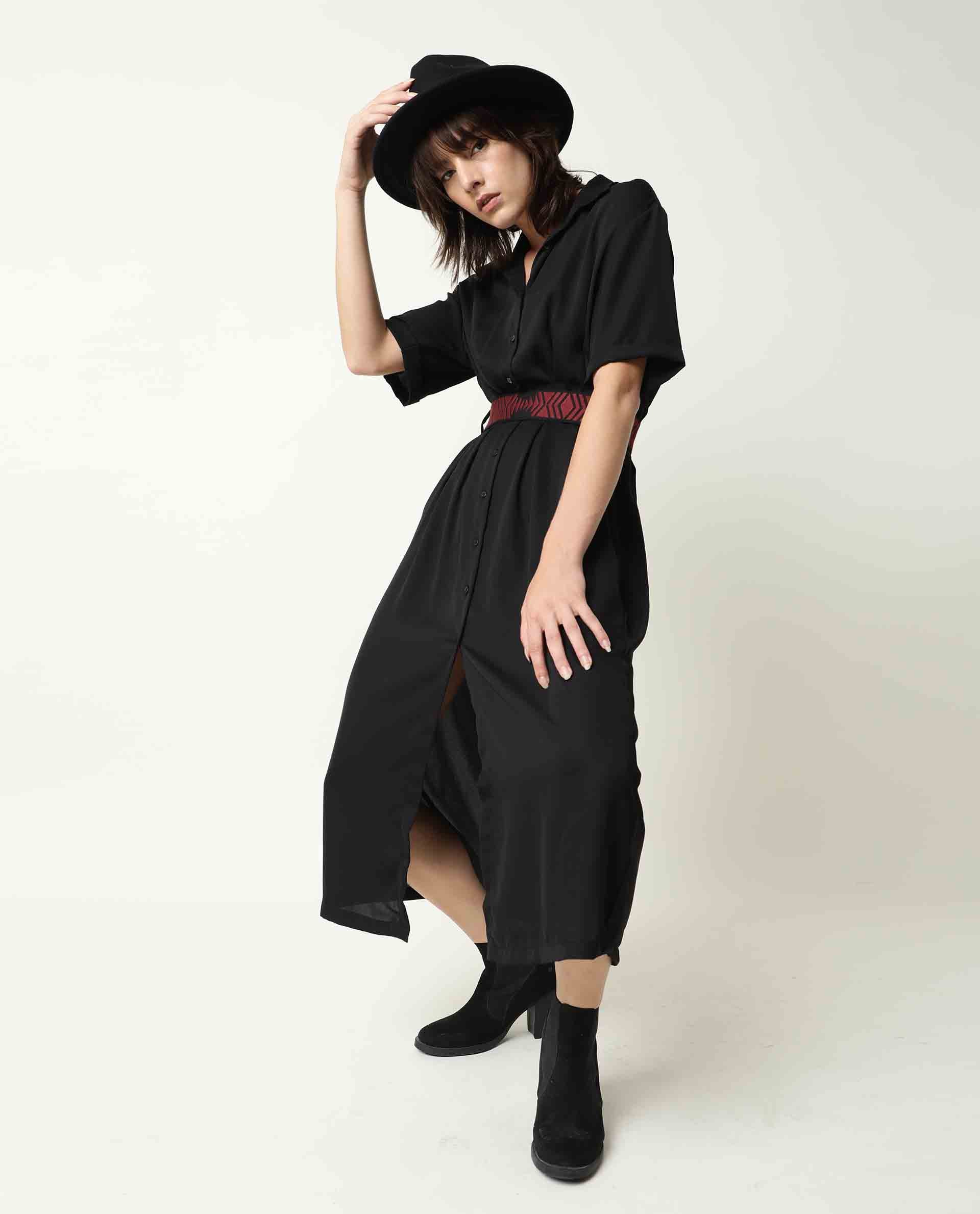 Rareism Women Shroff Black Shirt Collar Short Sleeves Front Full Button Placket With Pockets Midi Dress