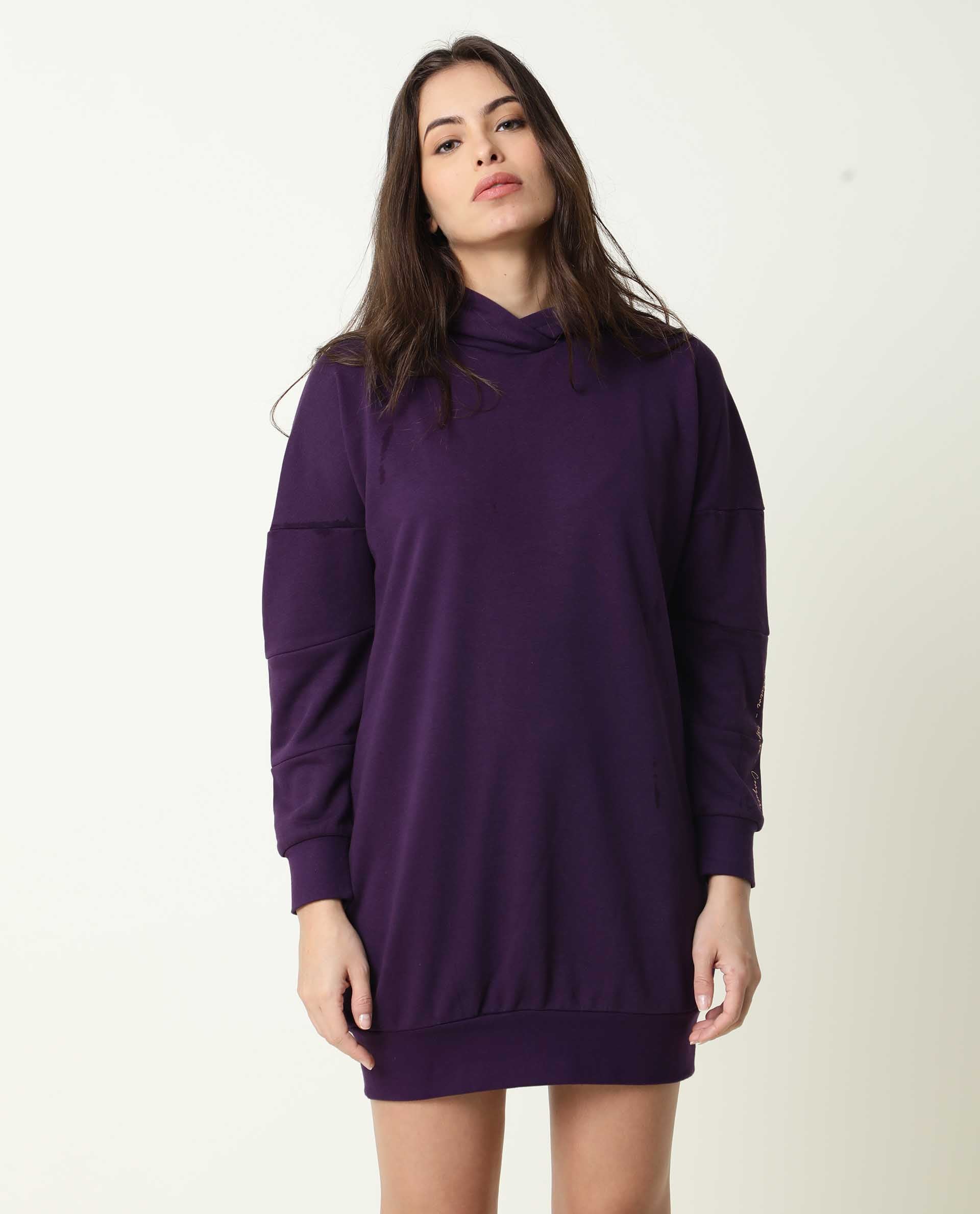 Rareism Women Owes Purple Cotton Fabric Regular Fit Full Sleeves Solid Hooded Sweatshirt