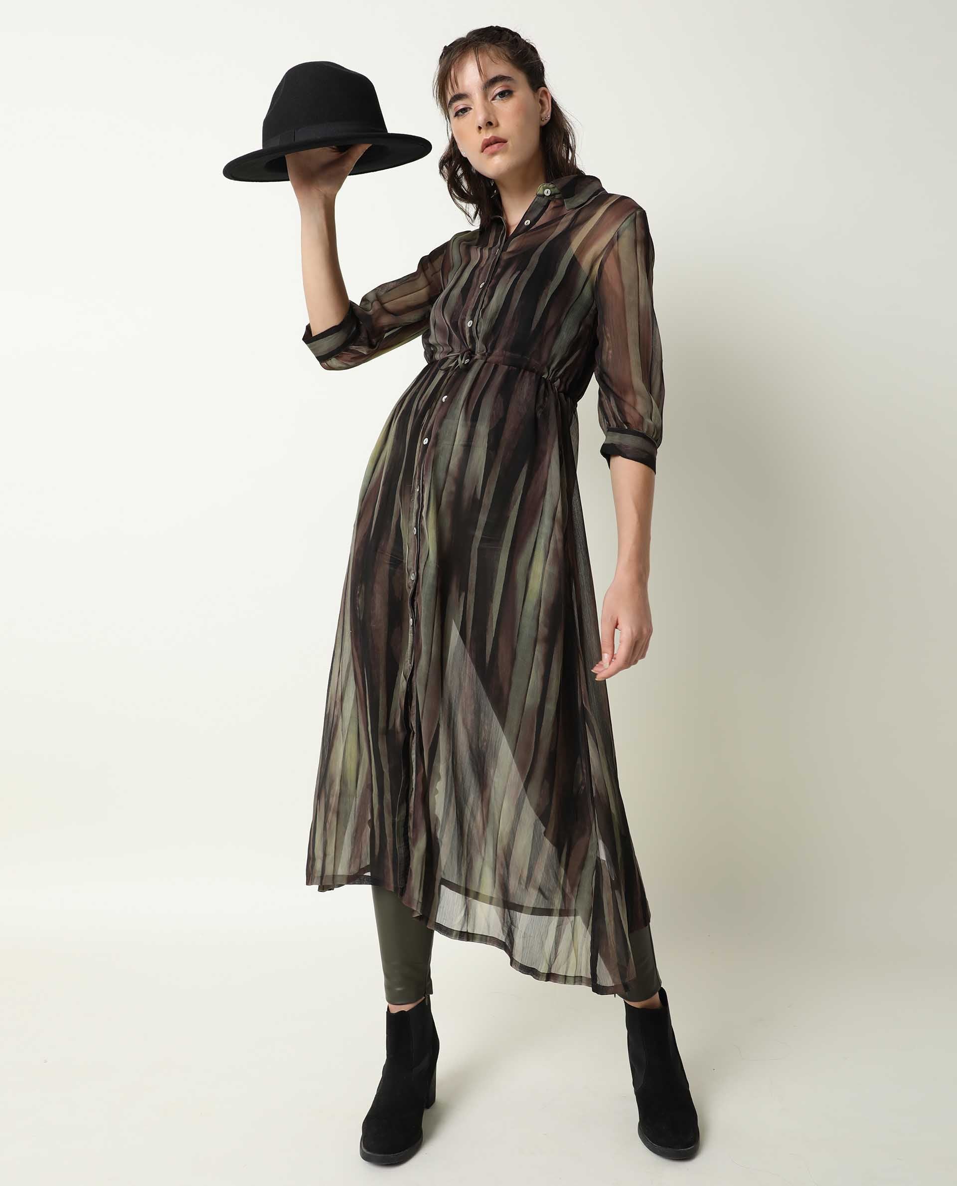 Rareism Women Klepto Green Striped Shirt Collar Half Sleeves With Front Full Button Closure Placket And Pocket Midi Dress