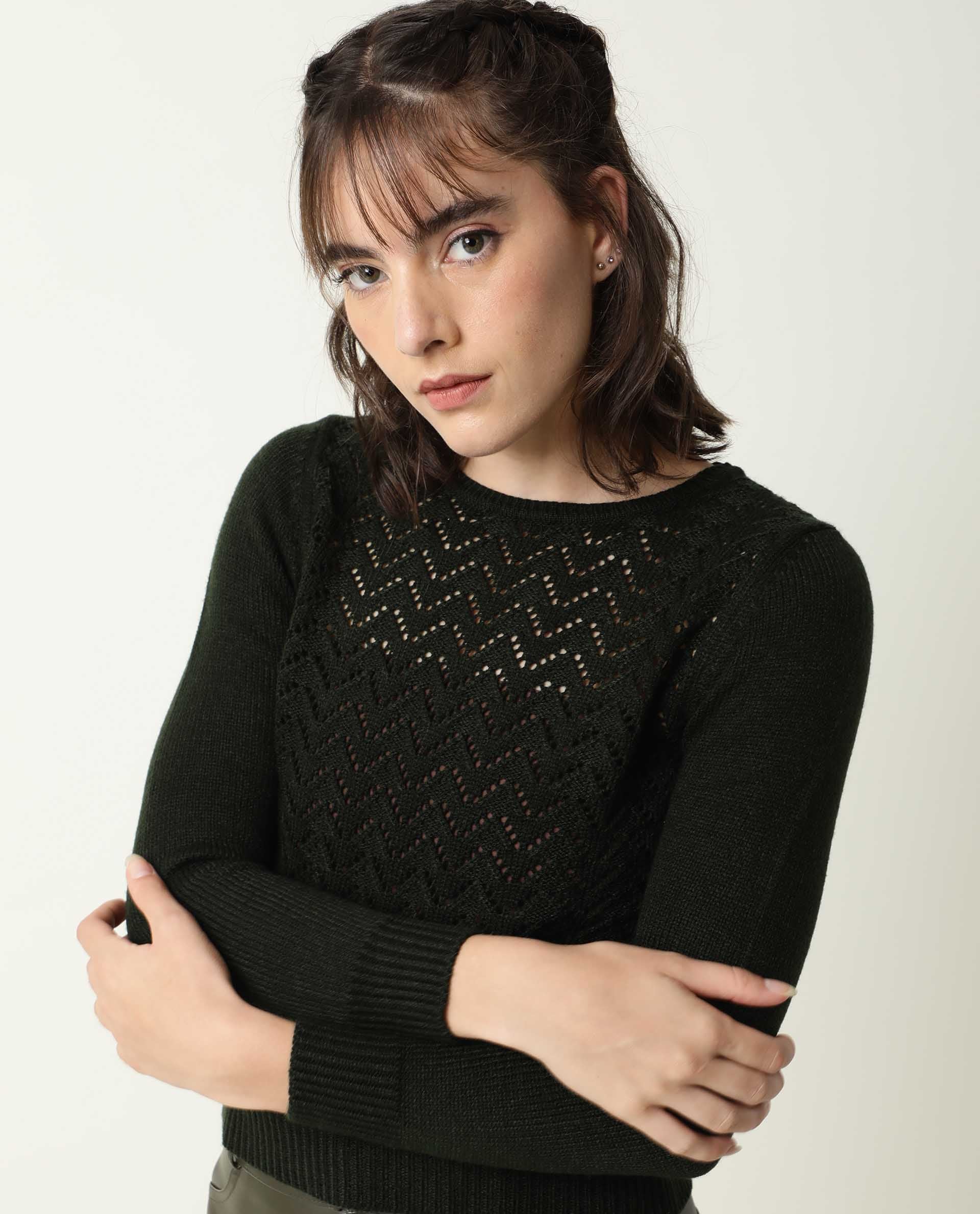 Rareism Women Sami Olive Acrylic Fabric Full Sleeves Slim Fit Solid Round Neck Sweater