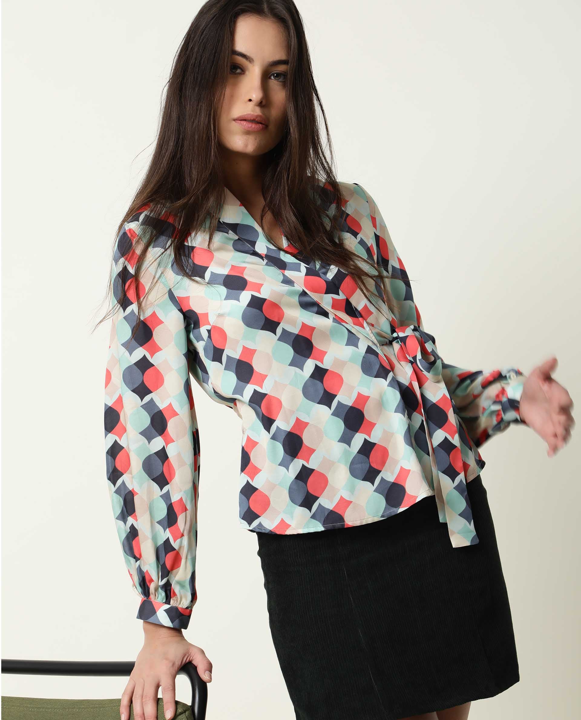 Rareism Womens Golf Multi Top Modal Satin Fabric Full Sleeve V Neck