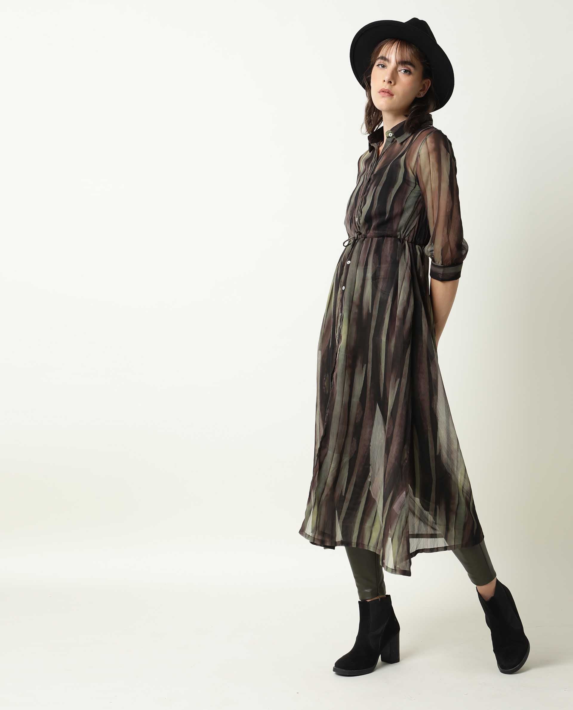 Rareism Women Klepto Green Striped Shirt Collar Half Sleeves With Front Full Button Closure Placket And Pocket Midi Dress