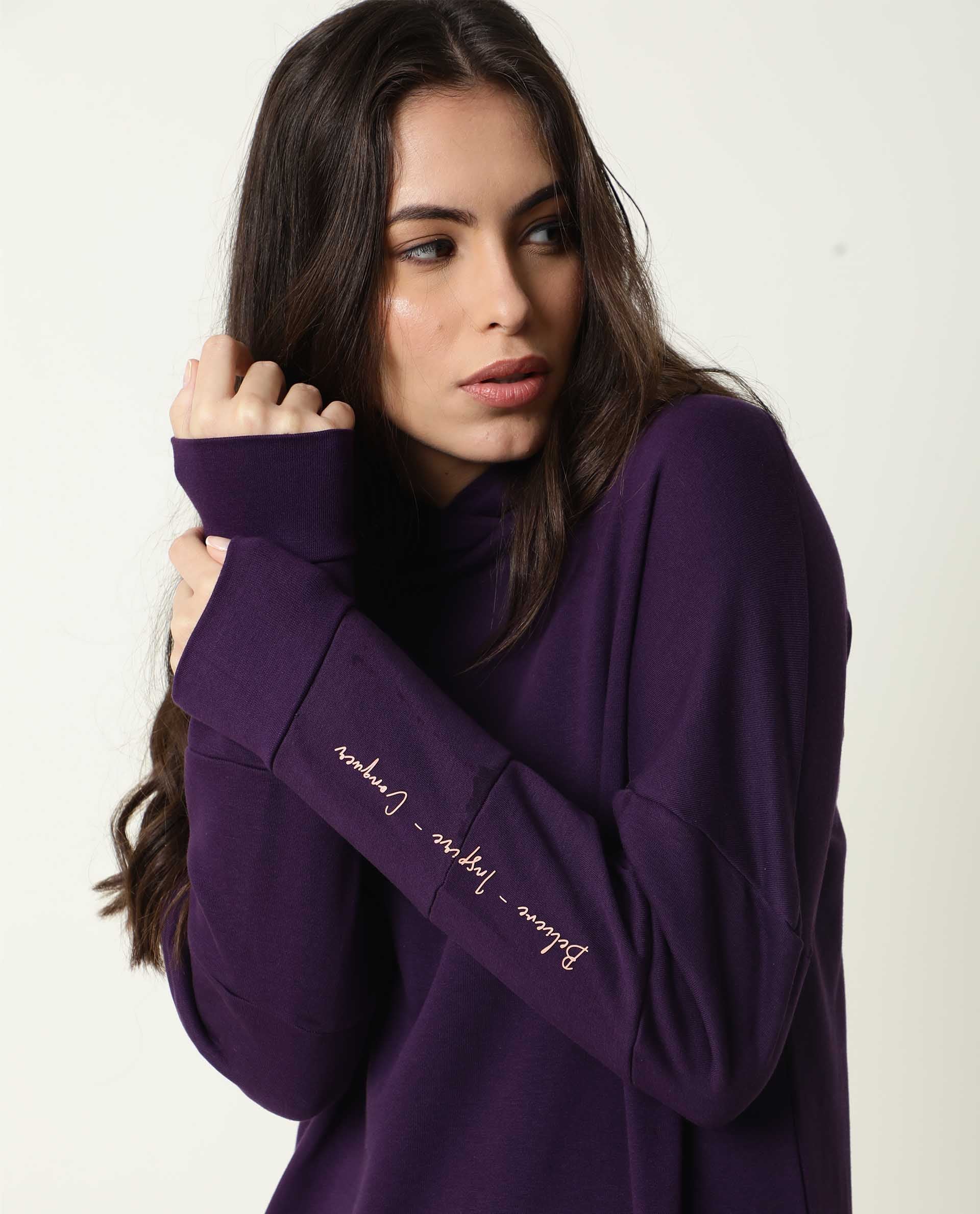 Rareism Women Owes Purple Cotton Fabric Regular Fit Full Sleeves Solid Hooded Sweatshirt