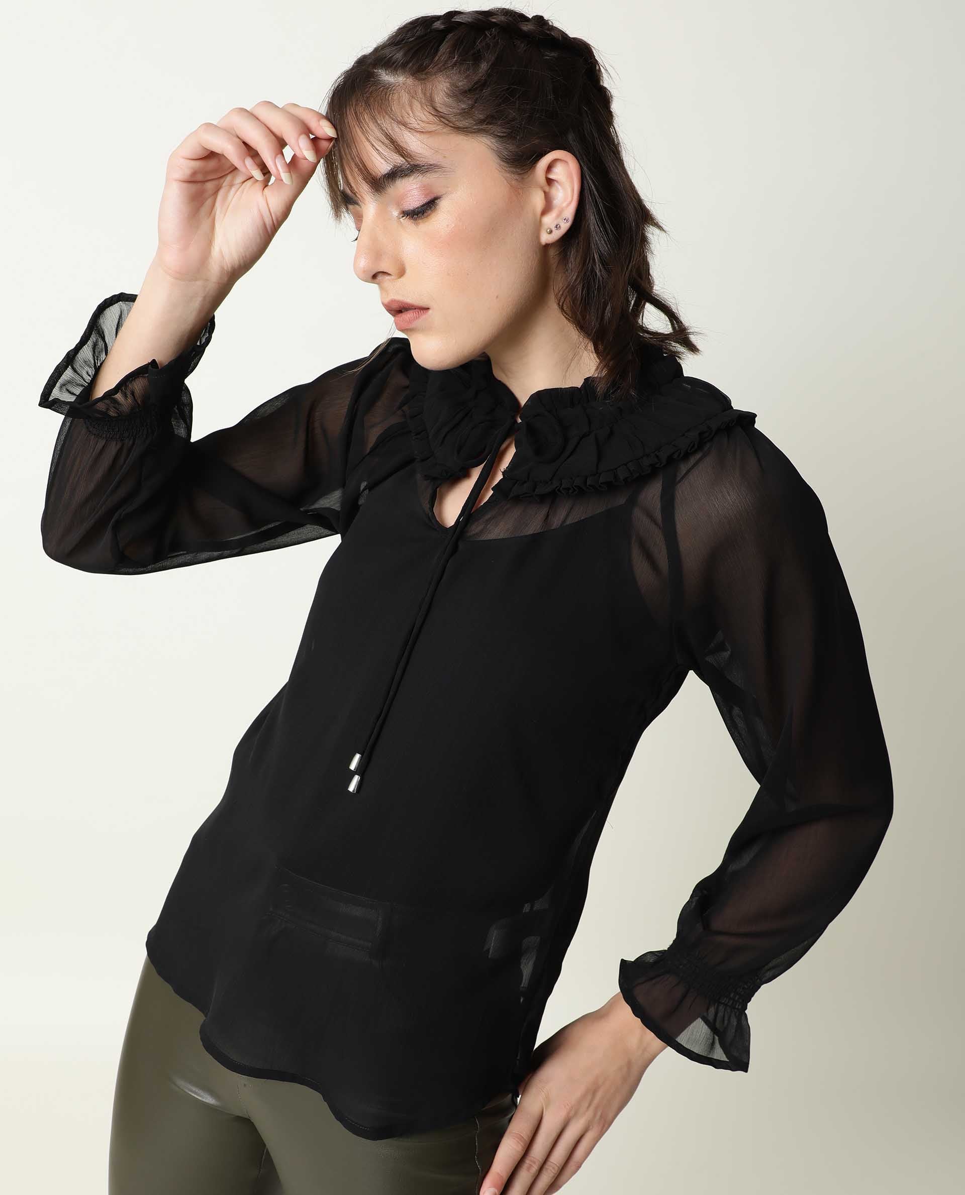 Rareism Women Pesto Black Viscose Fabric Tailored Fit Tie-Up Neck Full Sleeves Solid Top