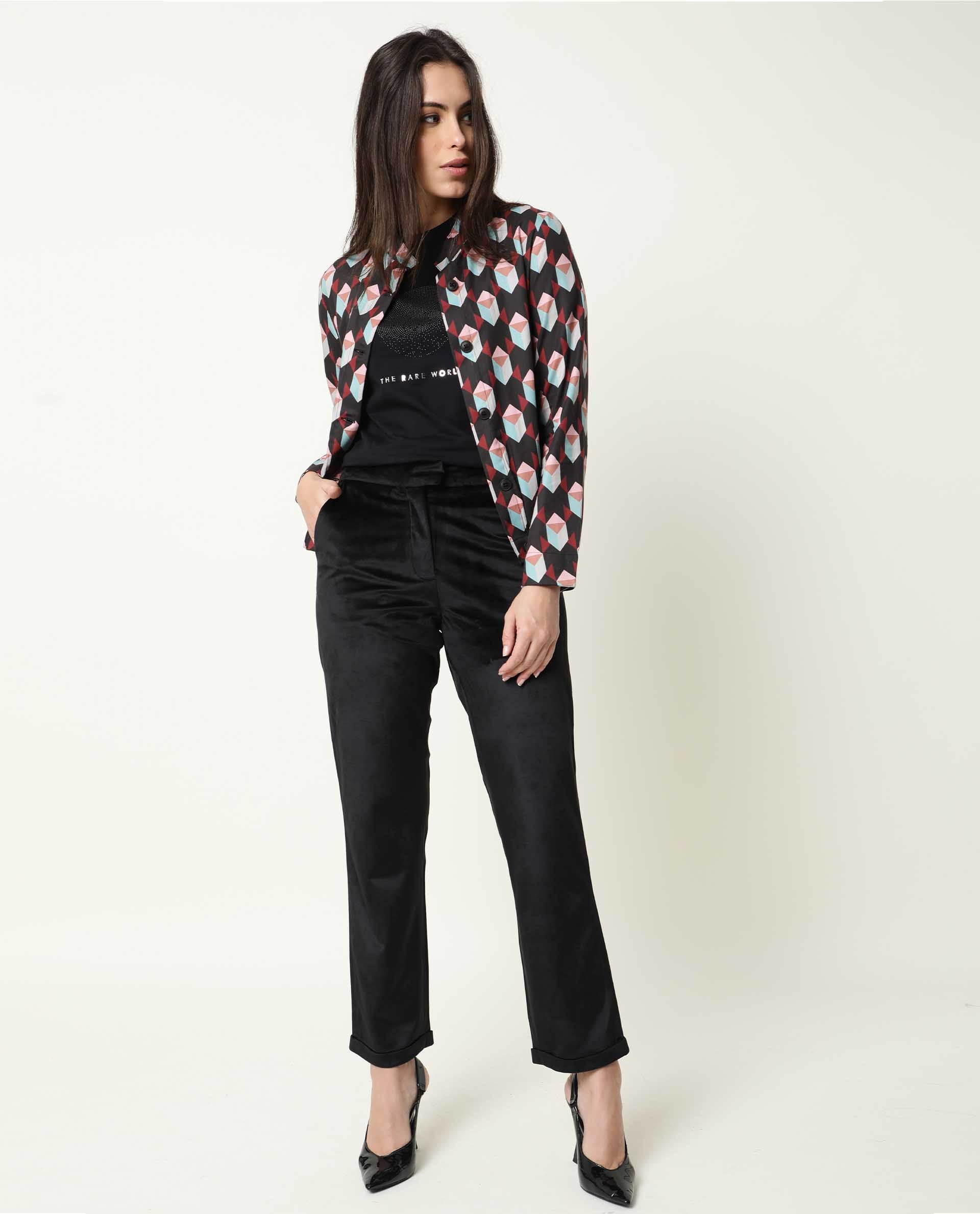 Rareism Womens Knuckle Black Jacket Cotton Fabric Fit Regular Sleeves Mandarin Neck