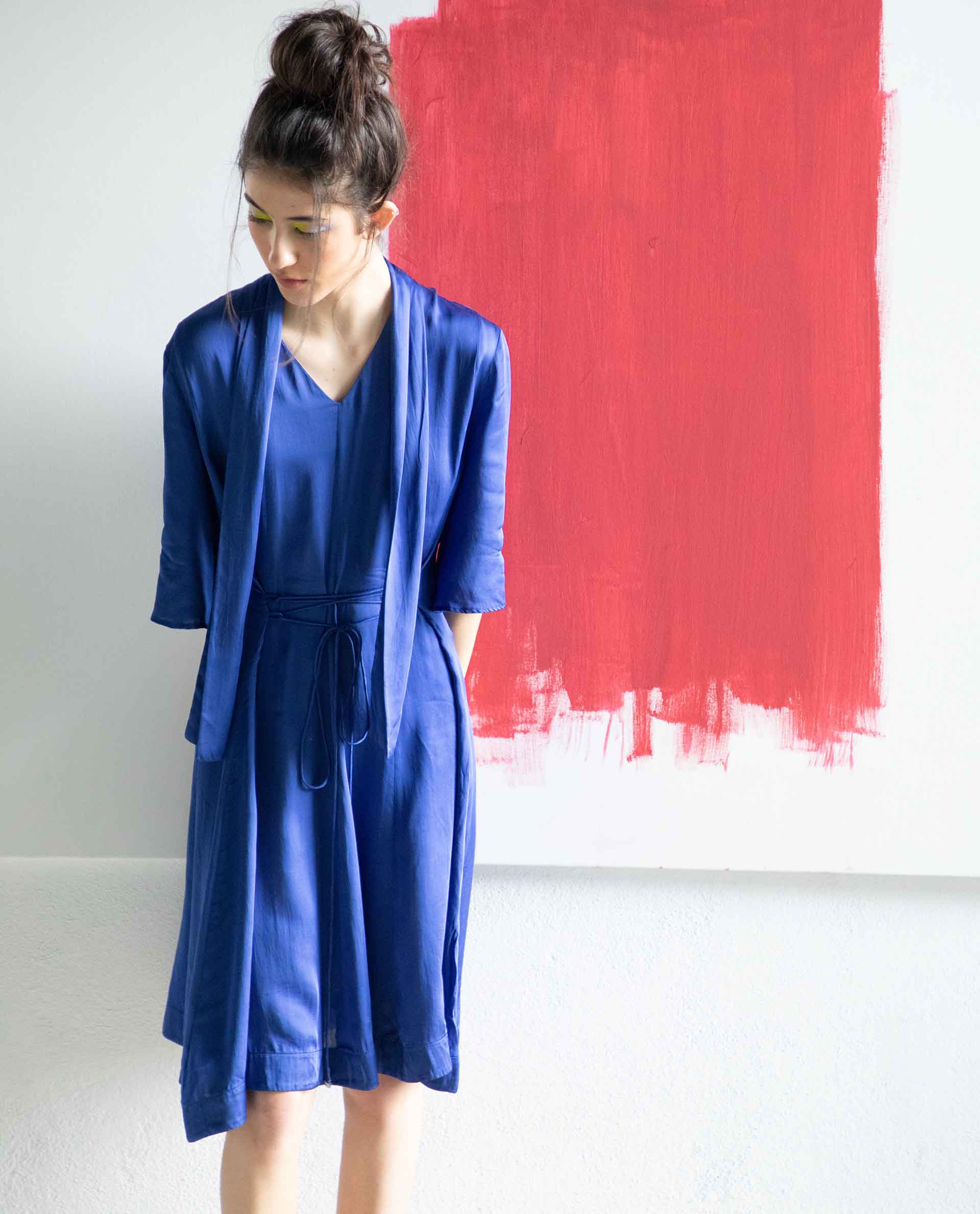 Rareism Women Yeme Blue V Neck With Tie Up Flared Sleeves Mini Dress