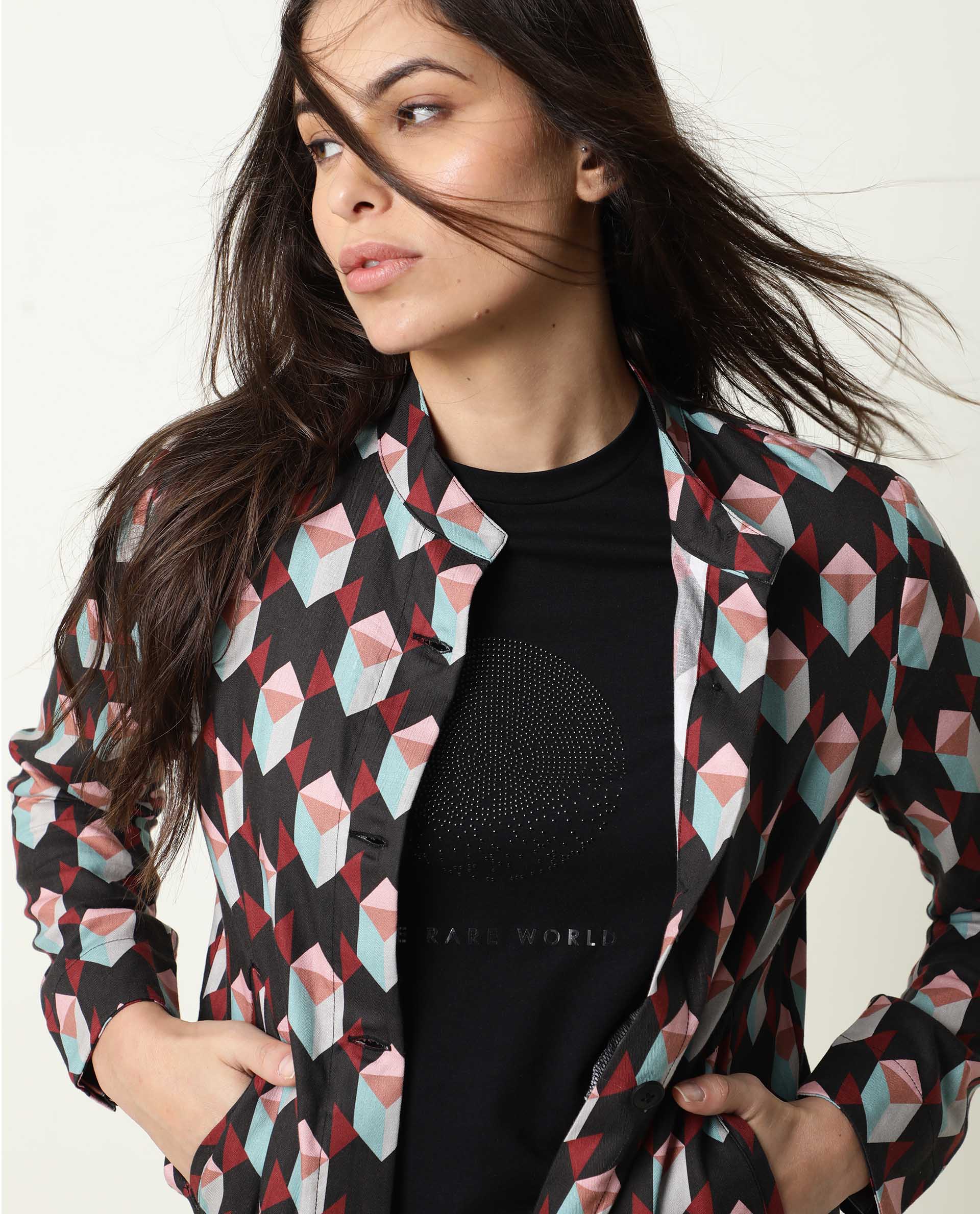 Rareism Womens Knuckle Black Jacket Cotton Fabric Fit Regular Sleeves Mandarin Neck