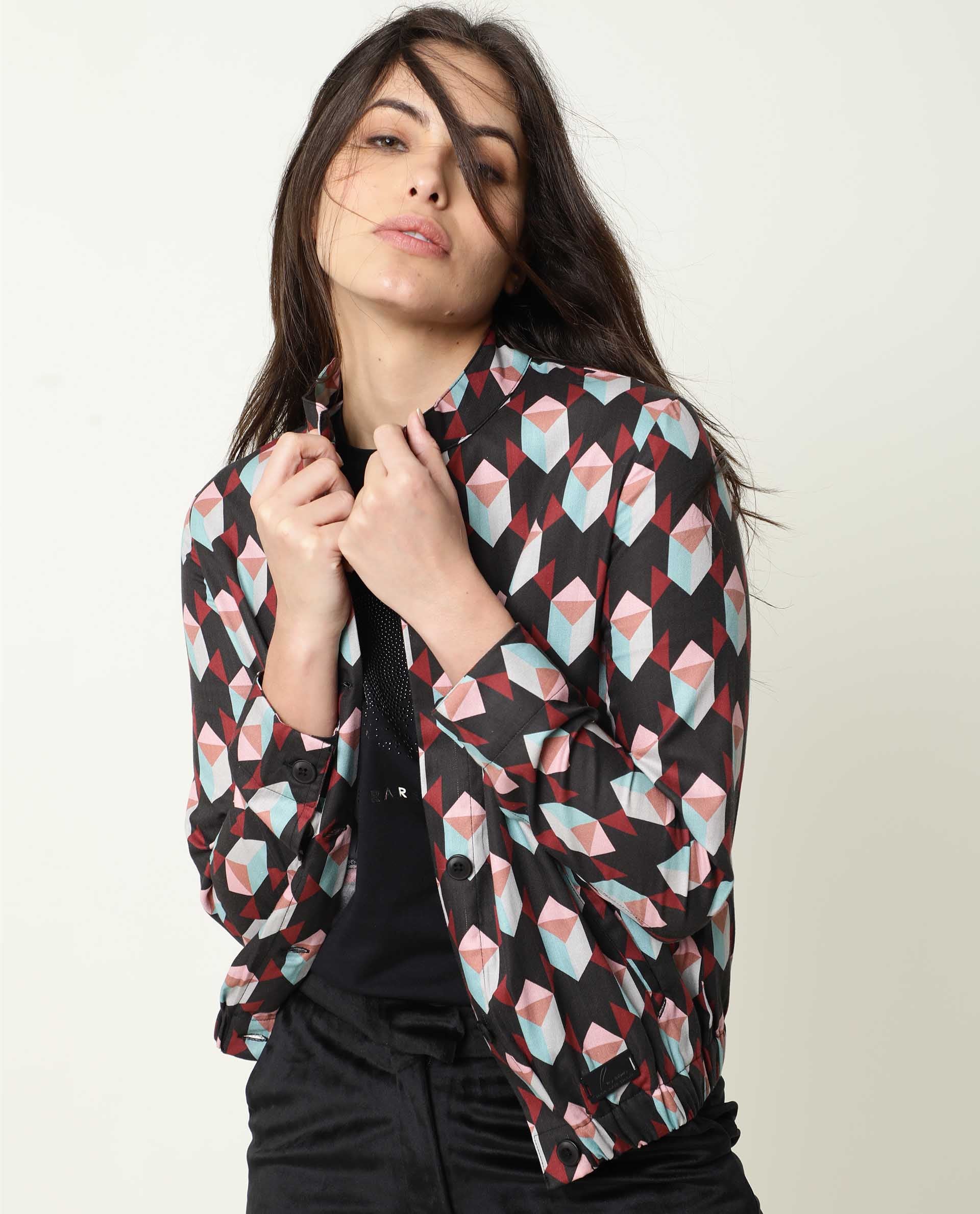 Rareism Womens Knuckle Black Jacket Cotton Fabric Fit Regular Sleeves Mandarin Neck
