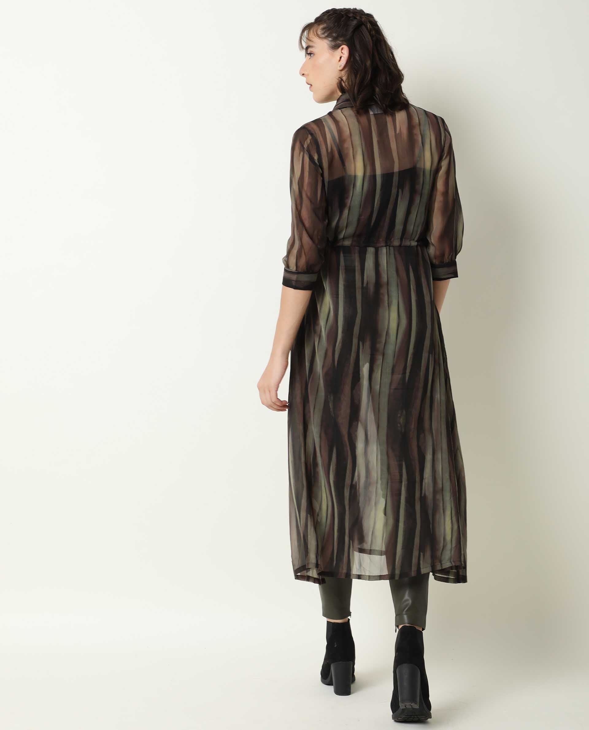 Rareism Women Klepto Green Striped Shirt Collar Half Sleeves With Front Full Button Closure Placket And Pocket Midi Dress