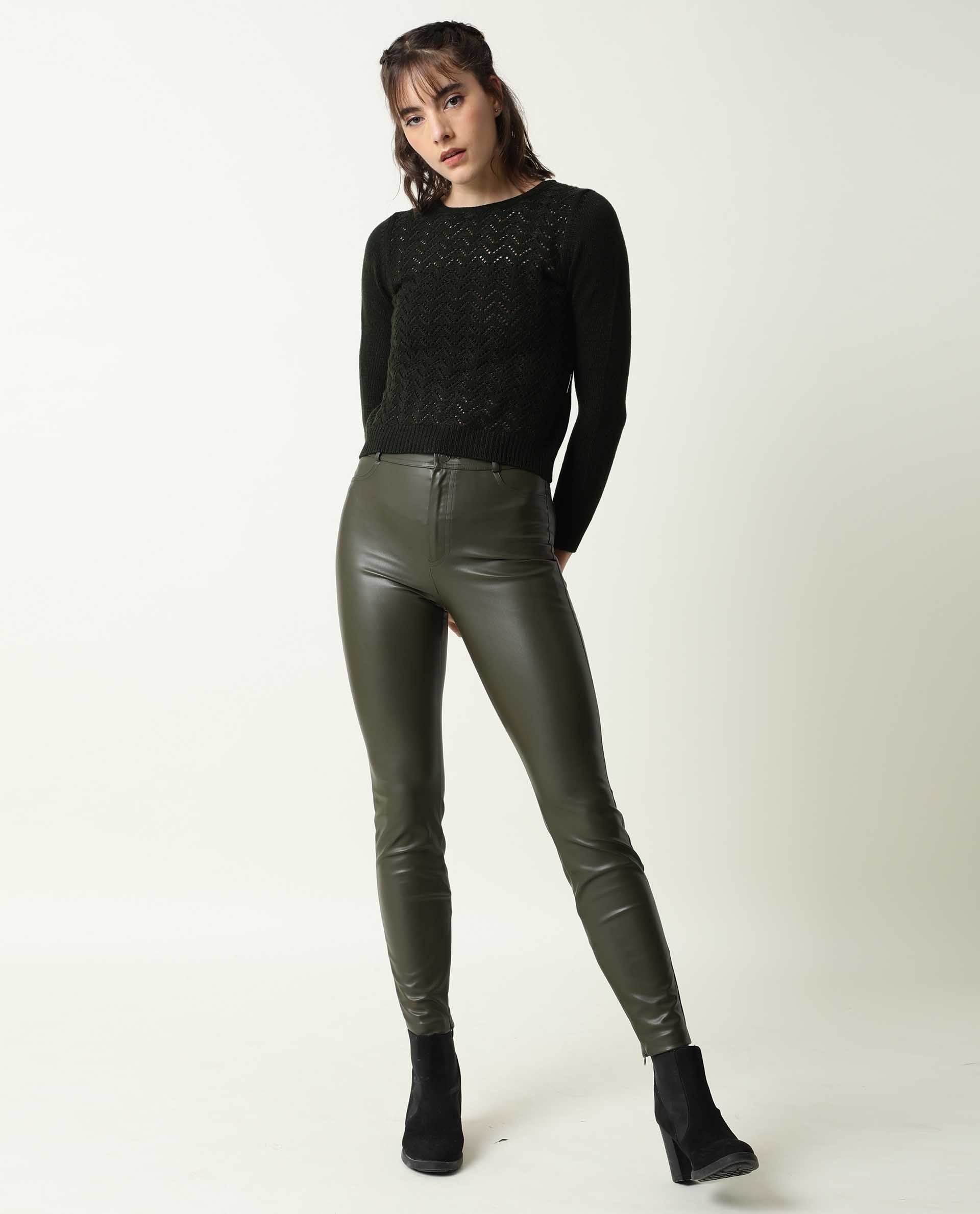 Rareism Women Sami Olive Acrylic Fabric Full Sleeves Slim Fit Solid Round Neck Sweater