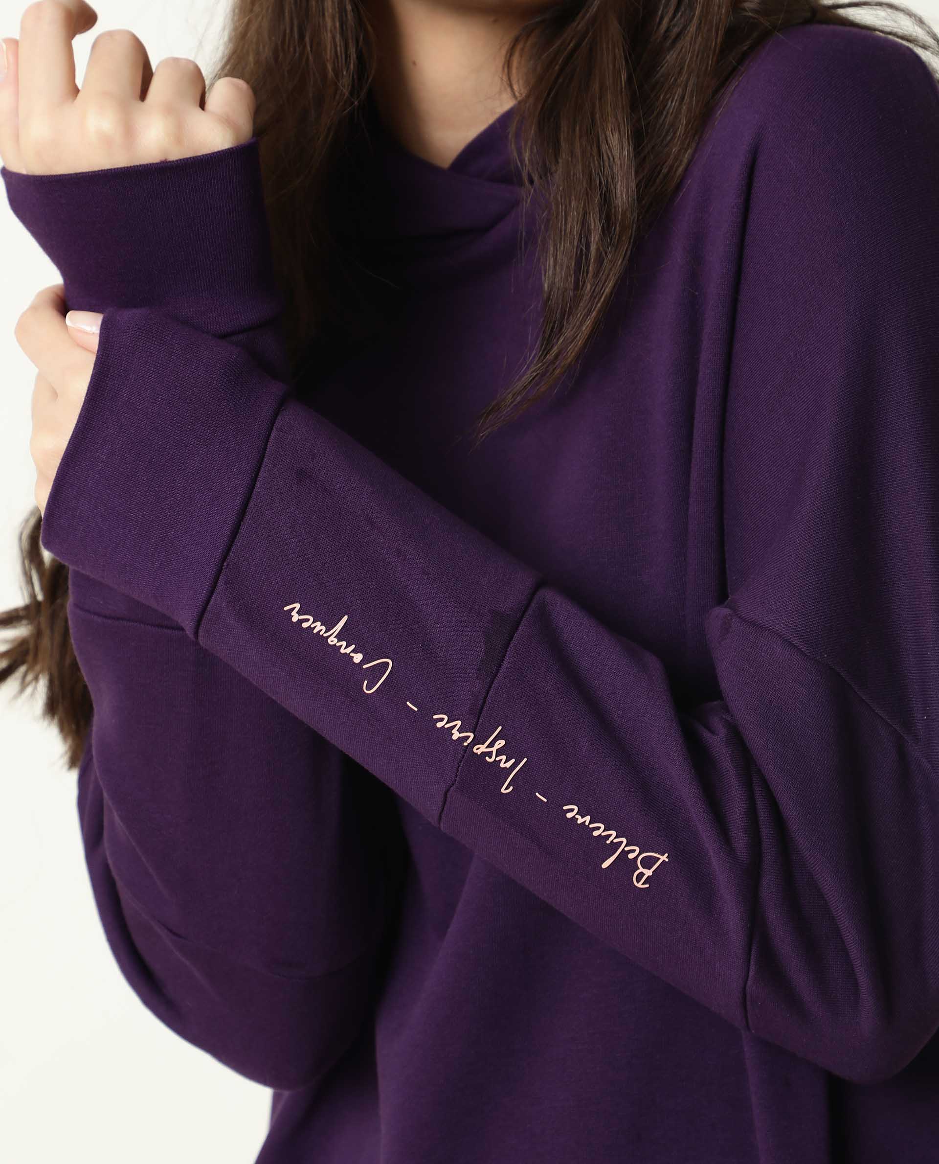 Rareism Women Owes Purple Cotton Fabric Regular Fit Full Sleeves Solid Hooded Sweatshirt