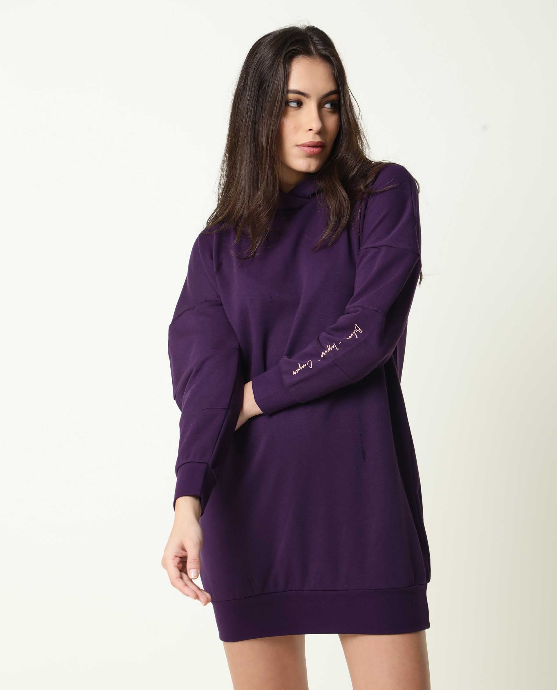 Rareism Women Owes Purple Cotton Fabric Regular Fit Full Sleeves Solid Hooded Sweatshirt