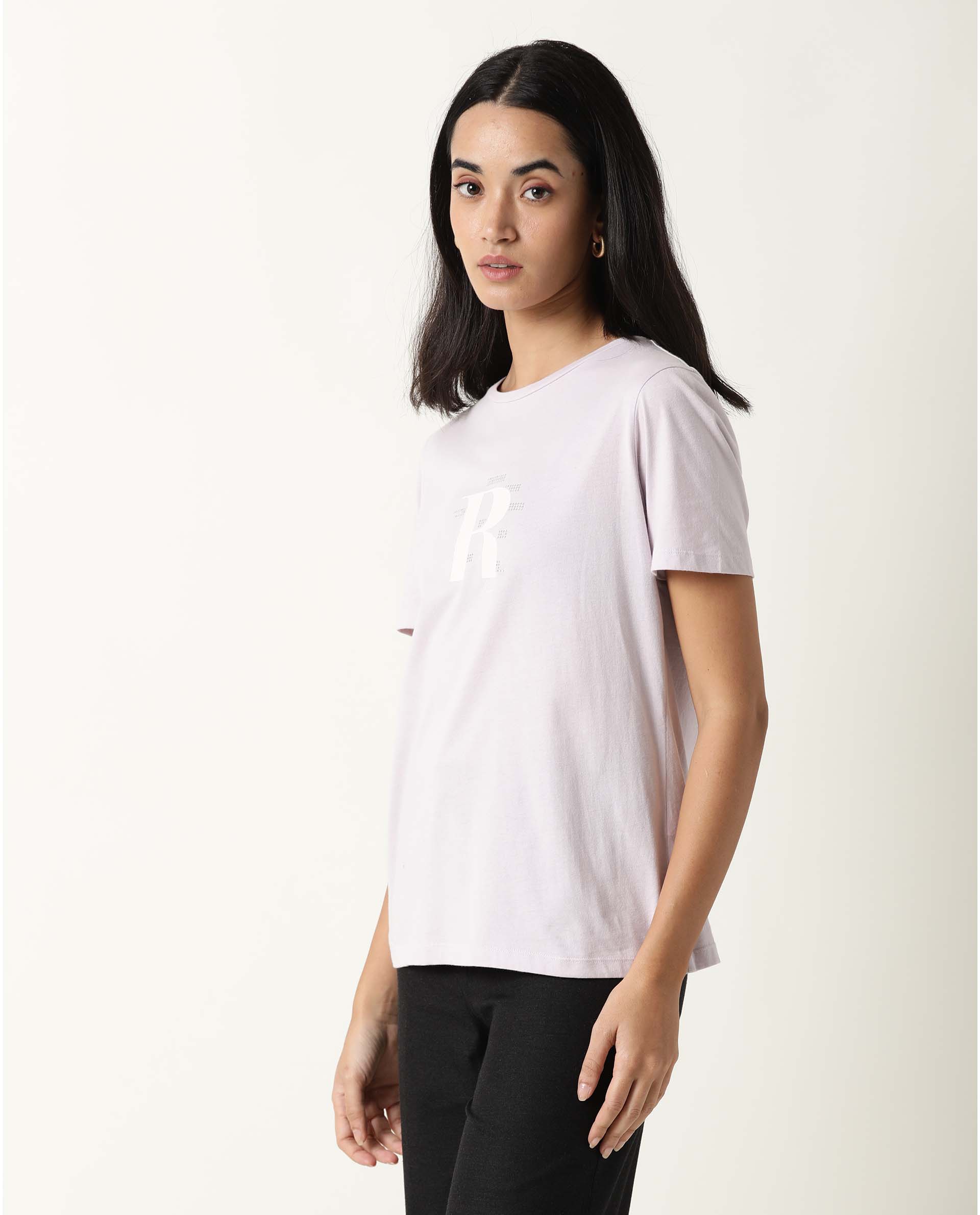 Rareism Women Moes Pastel Purple Cotton Fabric Regular Fit Half Sleeves Graphic Print Crew Neck T-Shirt
