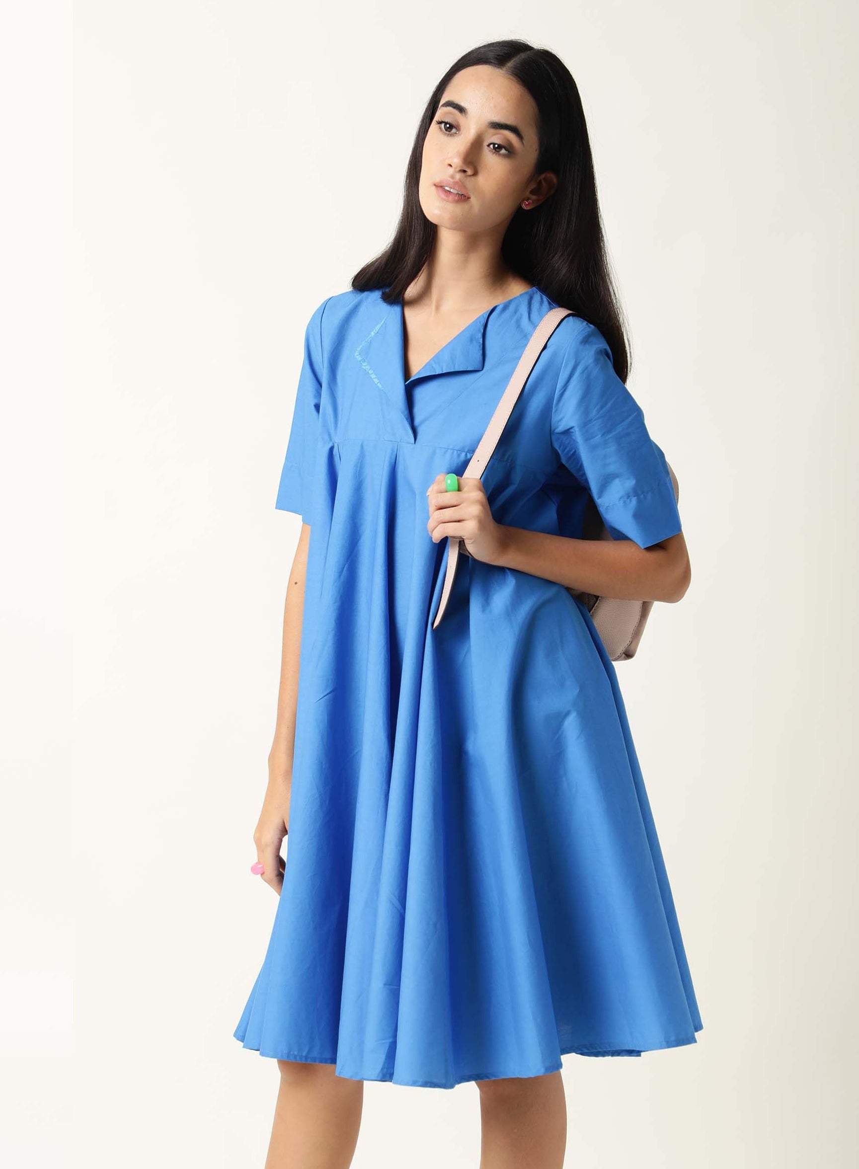 Rareism Women Array Dark Blue Overlap Lapel Collar Short Sleeves Flared Knee Length Dress