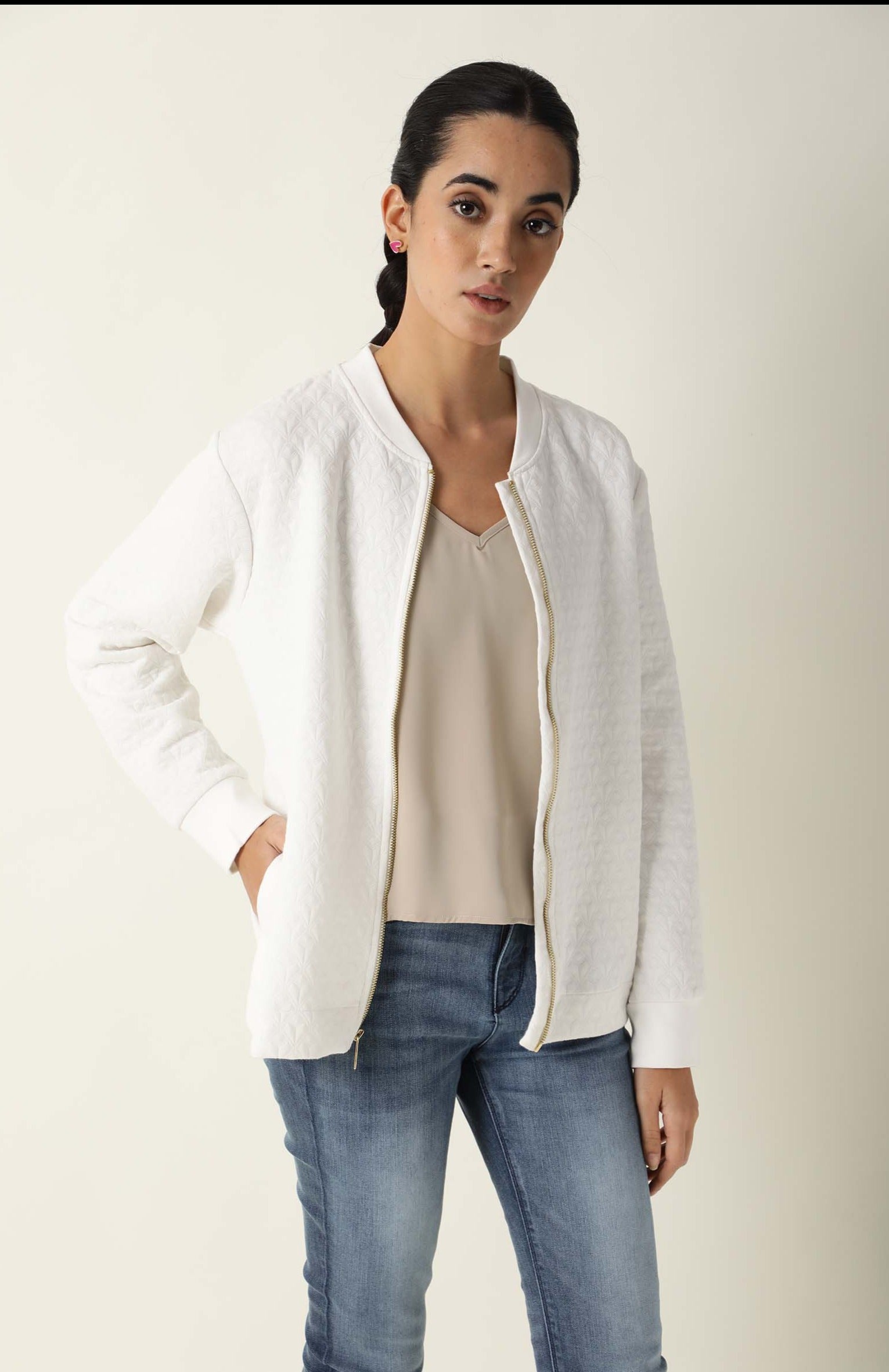 Rareism Womens Nect Off White Jacket Full Sleeve Long Sleeve Ribbed Neck