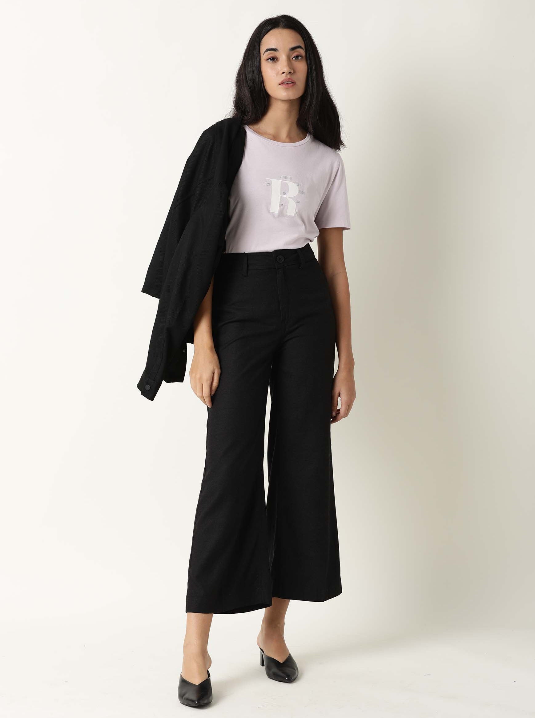 Rareism Women Moes Pastel Purple Cotton Fabric Regular Fit Half Sleeves Graphic Print Crew Neck T-Shirt