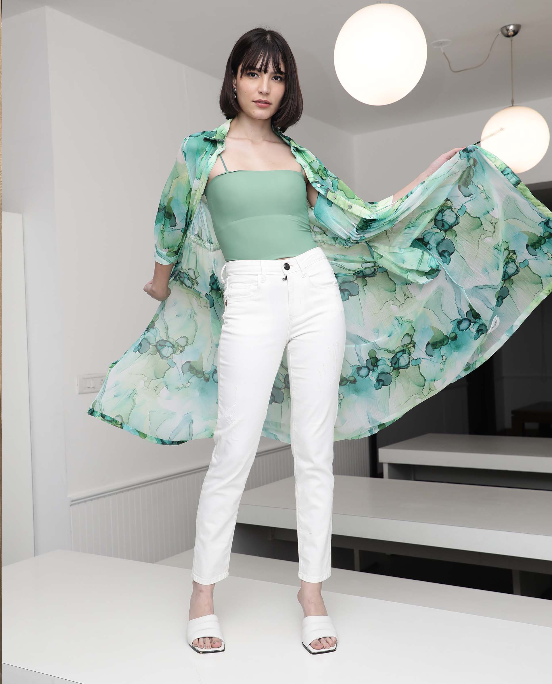 Rareism Women Jamaica Green Printed Shirt Collar Full Sleeves Front Button Placket Waist Drawstring Pockets Maxi Dress